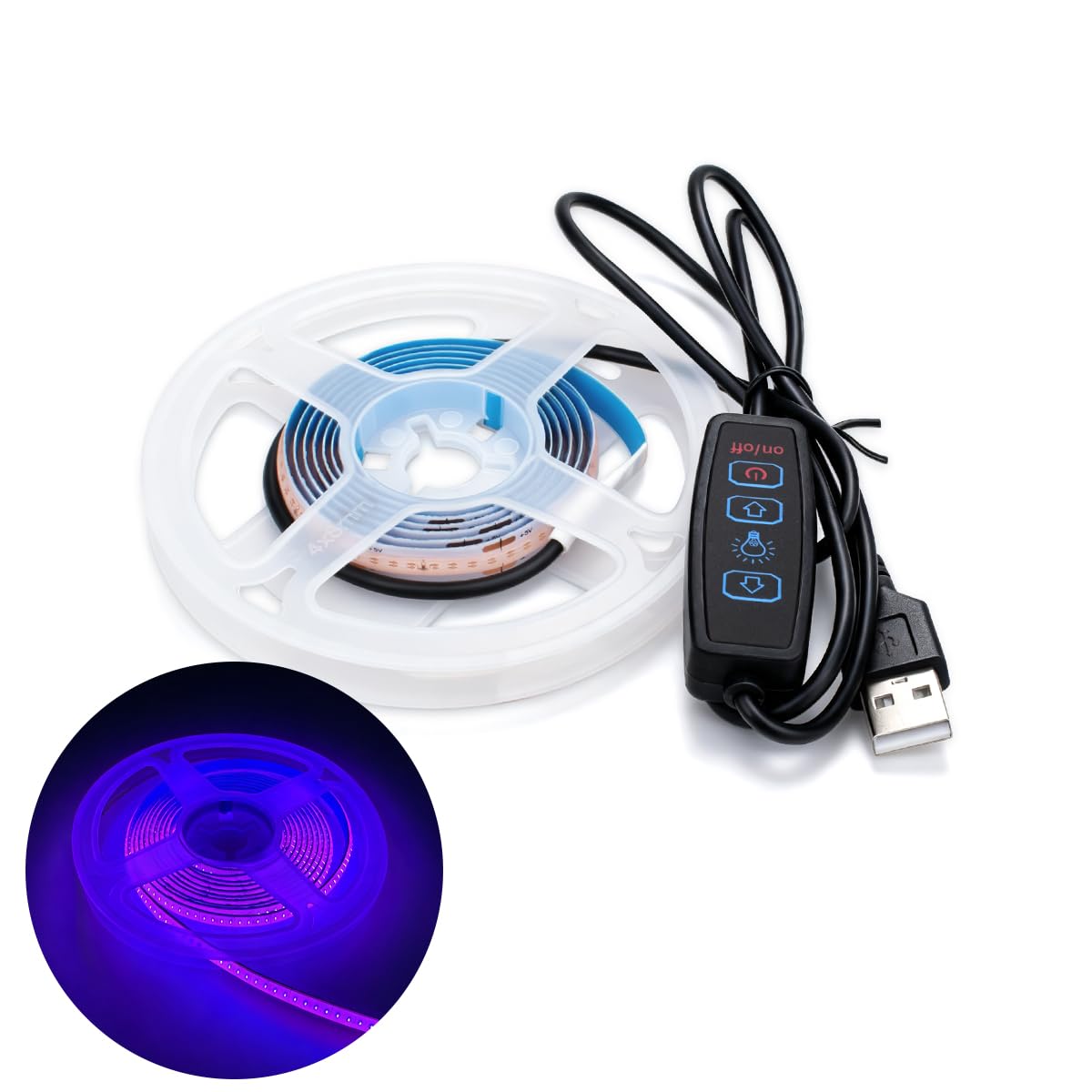 Innfeeltech 1M COB LED Light Strip, 8mm Width 5V Purple 320LEDs/m Light Strip, USB Connector with Dimming Button