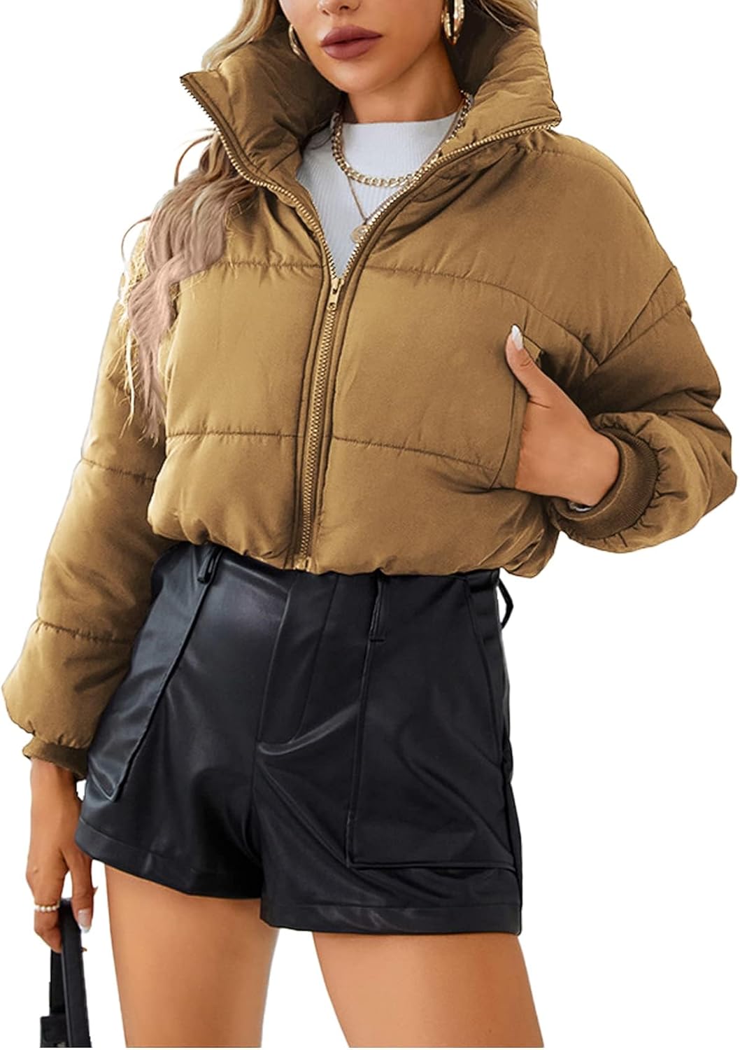 Gihuo Women Cropped Puffer Jackets Winter Zip Up Short Bubble Coat Padding Warm Quilted Crop Outerwear