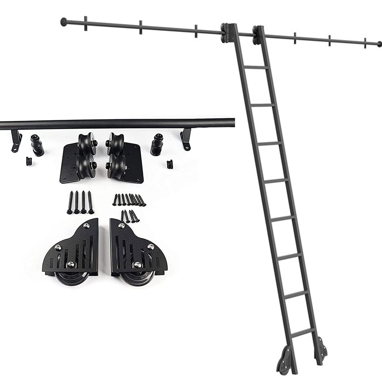 Kit bibliothèque coulissante avec rail roulant noir et roulettes au sol pour tube rond