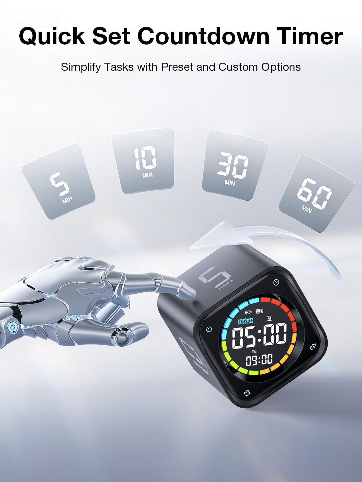 TK3 Pomodoro Timer Cube, Timer per produttività da scrivania con preset 5/10/30/60 min, conto alla rovescia personalizzato, cronometro, orologio, 3 sveglie, silenzioso, vibrazione e modalità suono