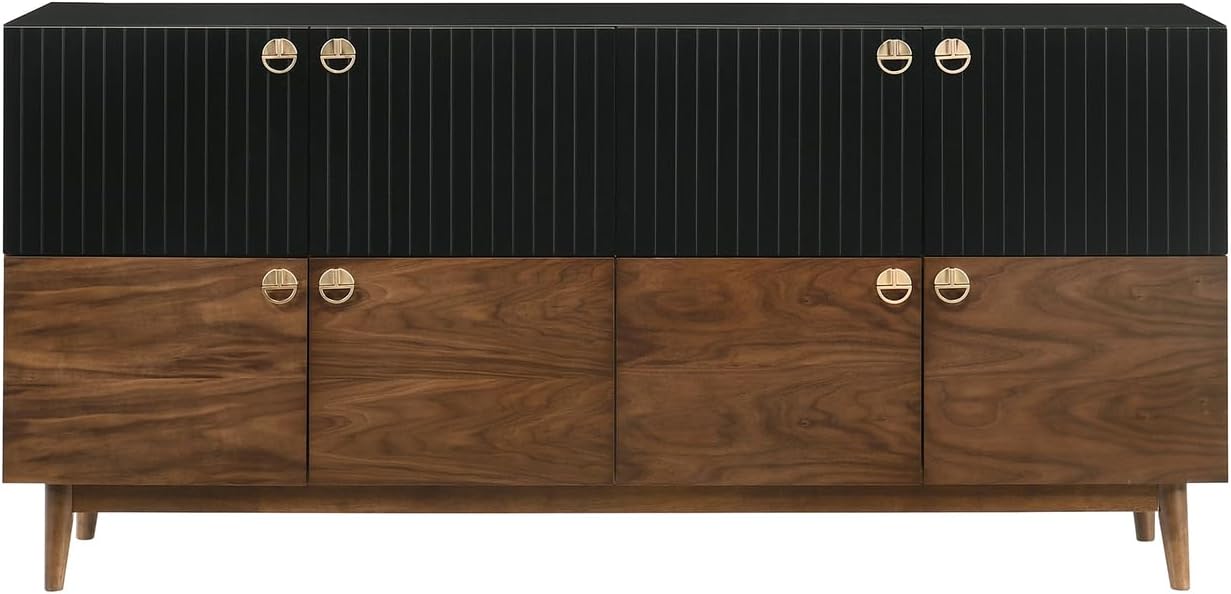 HomeStock Mid-Century Modern Buffet Cabinet - 67" Black Walnut 8-Door Storage Console Table