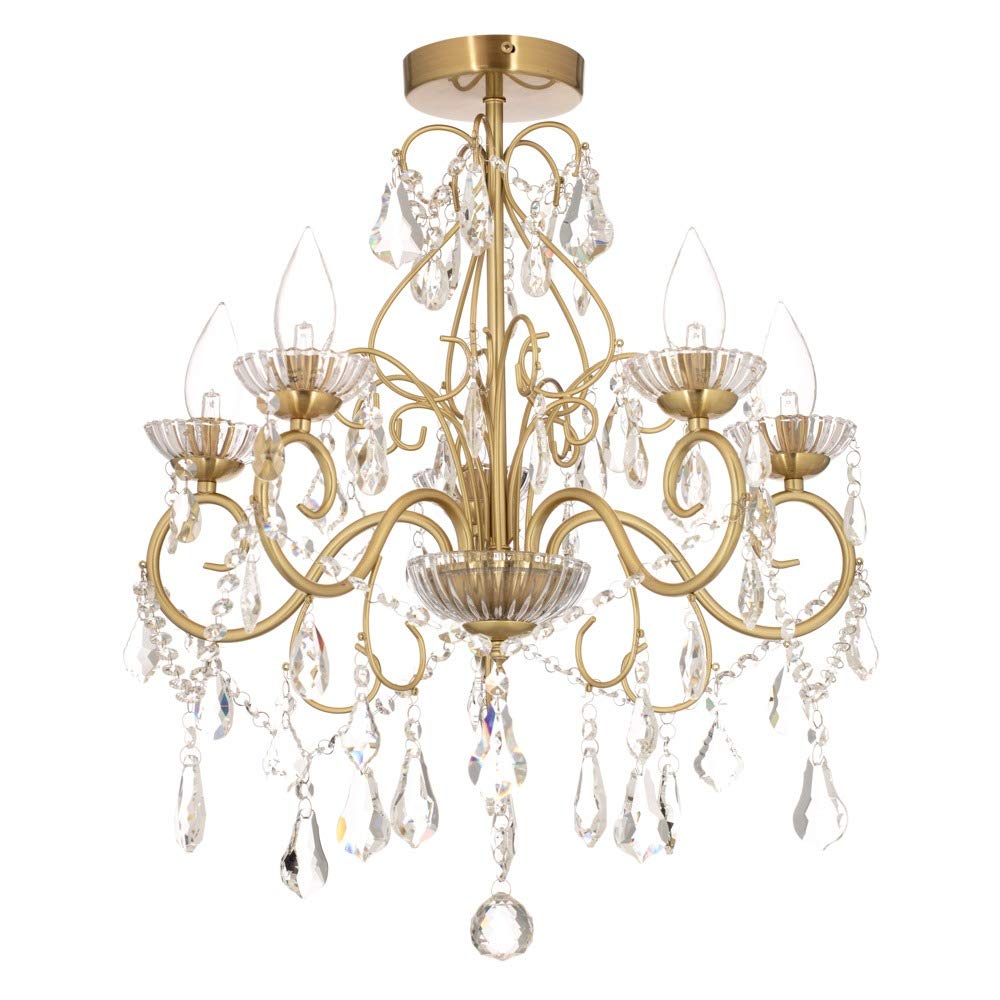 Litecraft Vara Chandelier Bathroom IP44 Light 5 Arm Crystal Effect - Satin Brass