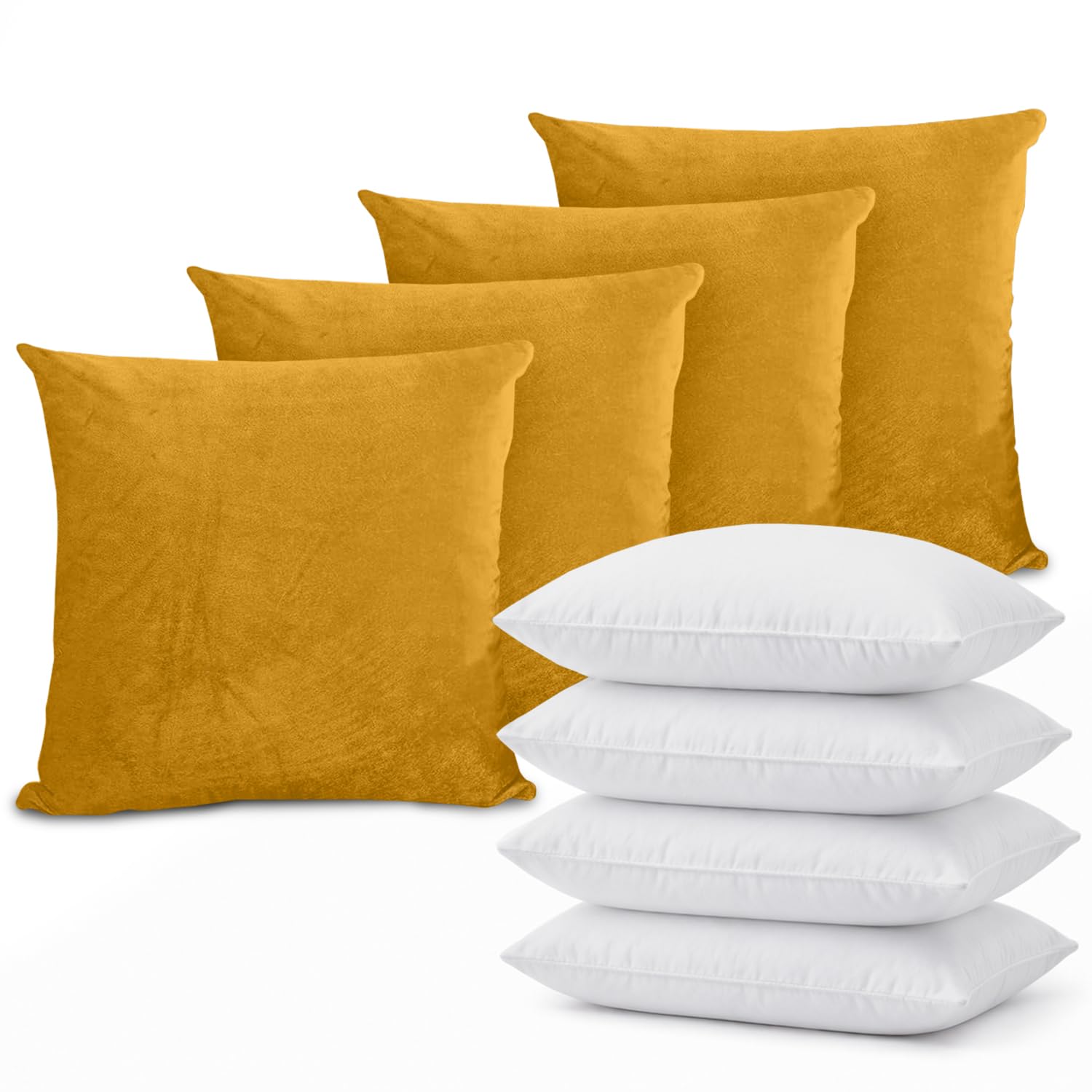 Hafaa Pack of 4 Velvet Cushion, 4 Ochre Covers & 4 Inserts 45 x 45 cm