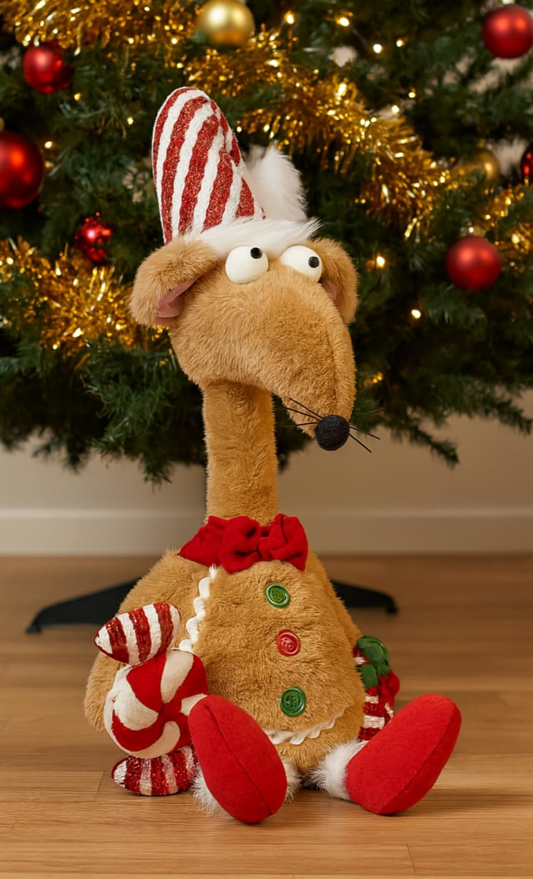 Marco Paul Gingerbread Rat Christmas Decorations - 84cm Freestanding Gingerbread Man Plush Mouse Ornament with Santa Hat - Rat Christmas Decorations For Xmas Table Decoration, Home Decor & Gifts