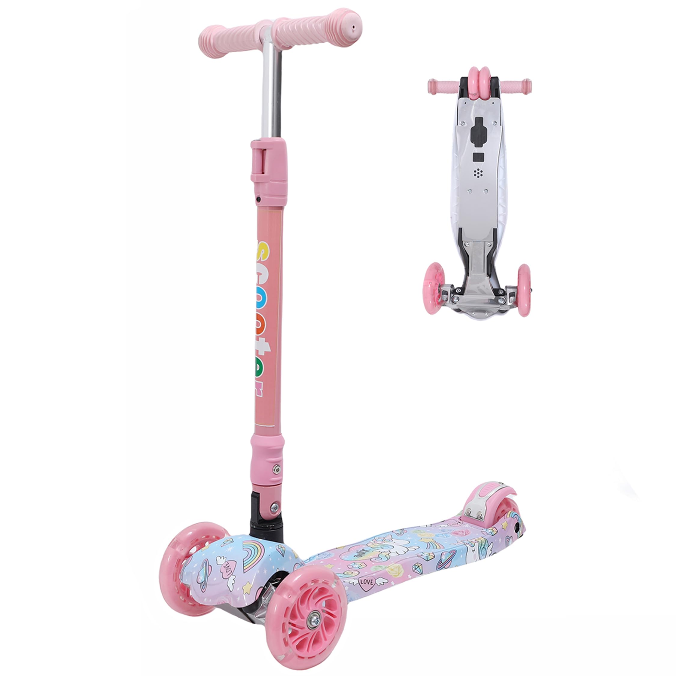 Habib Kinderroller, Tretroller ab 3 Jahre, Faltbar, Höhenverstellbar, LED Leuchträder, Bis 50kg, Für Jungen & Mädchen