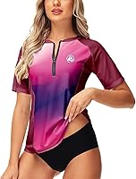 Vista 2 de AOBUTE Camiseta de surf con cremallera de manga corta con gradiente UPF 50+ para mujer