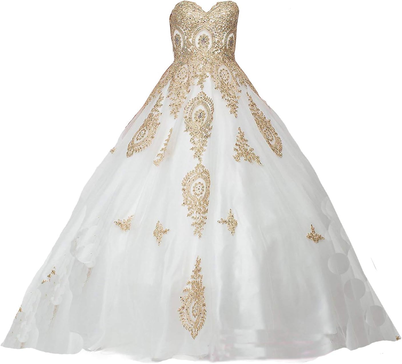 Women's Gold Lace Long Quinceanera Prom Ball Gown Wedding Dresses