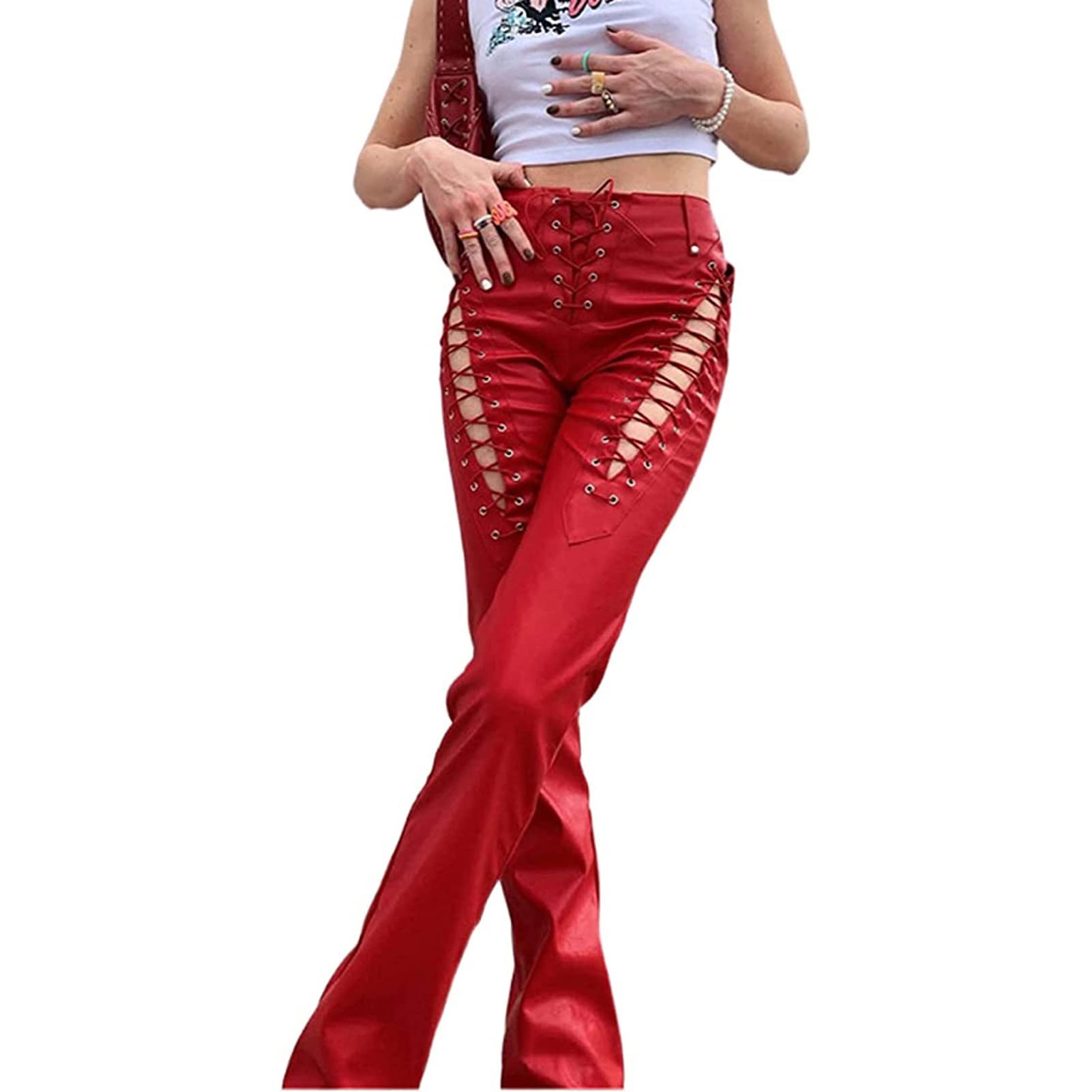Leather Lace Up Pants Amazon Women Lace Up Pu Leather Pants