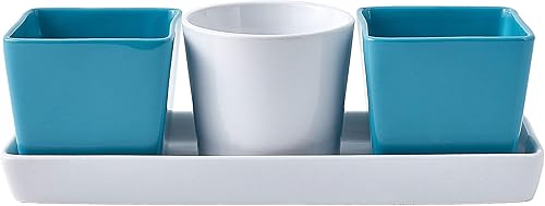 Miniatura 6 de Bruntmor Juego de 4 cuencos de cerámica cuadrados y redondos con bandeja en blanco y verde azulado, cuencos de cerámica y chips de inmersión, juego