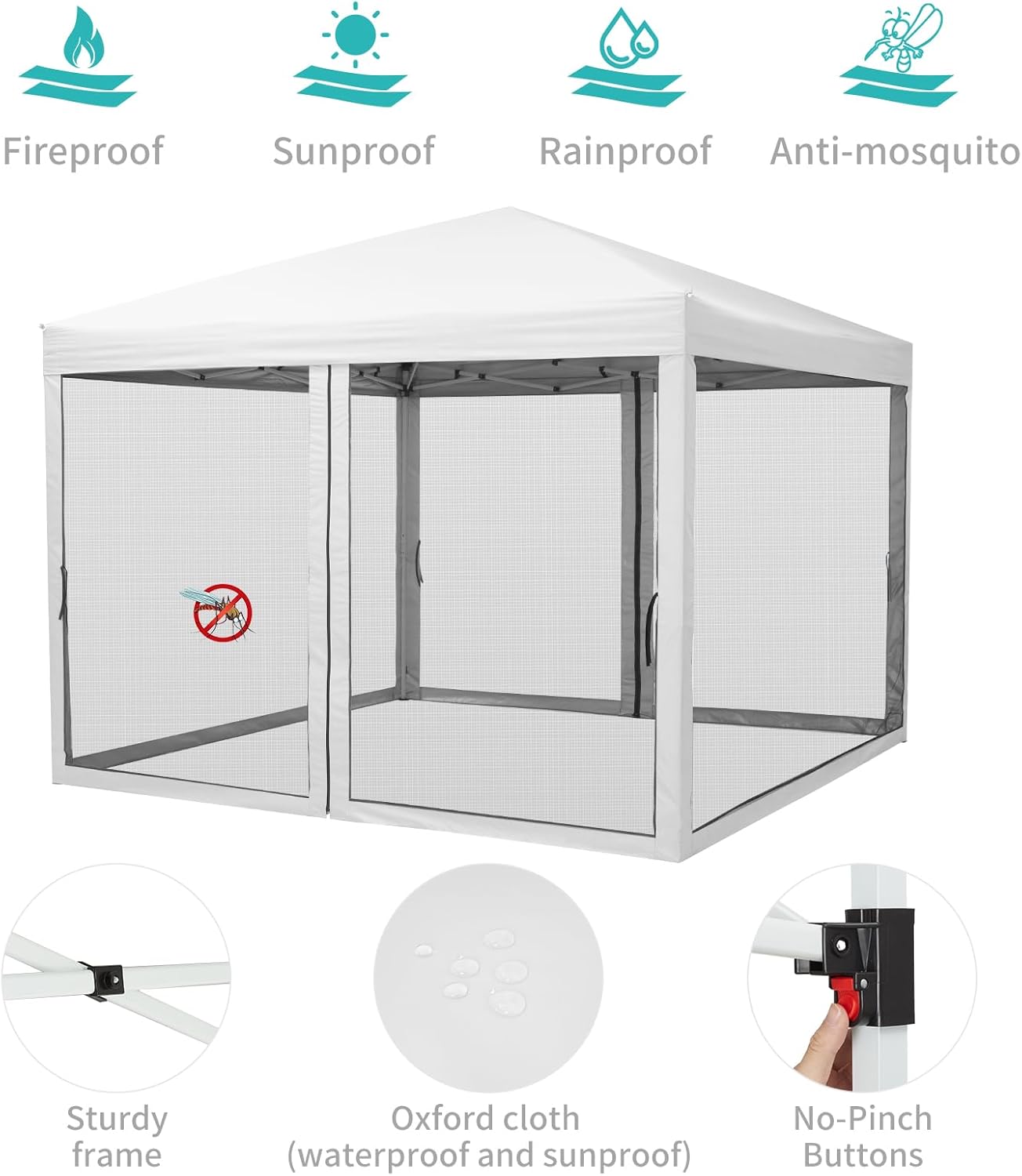 10 x 10 FT Pop Up Canopy, 3 Height Adjustable Instant Canopy with Mosquito Netting, Portable Screen Shelter with Wheeled Carry Bag, Heavy Duty Sun Shade for Patio, Backyard, White