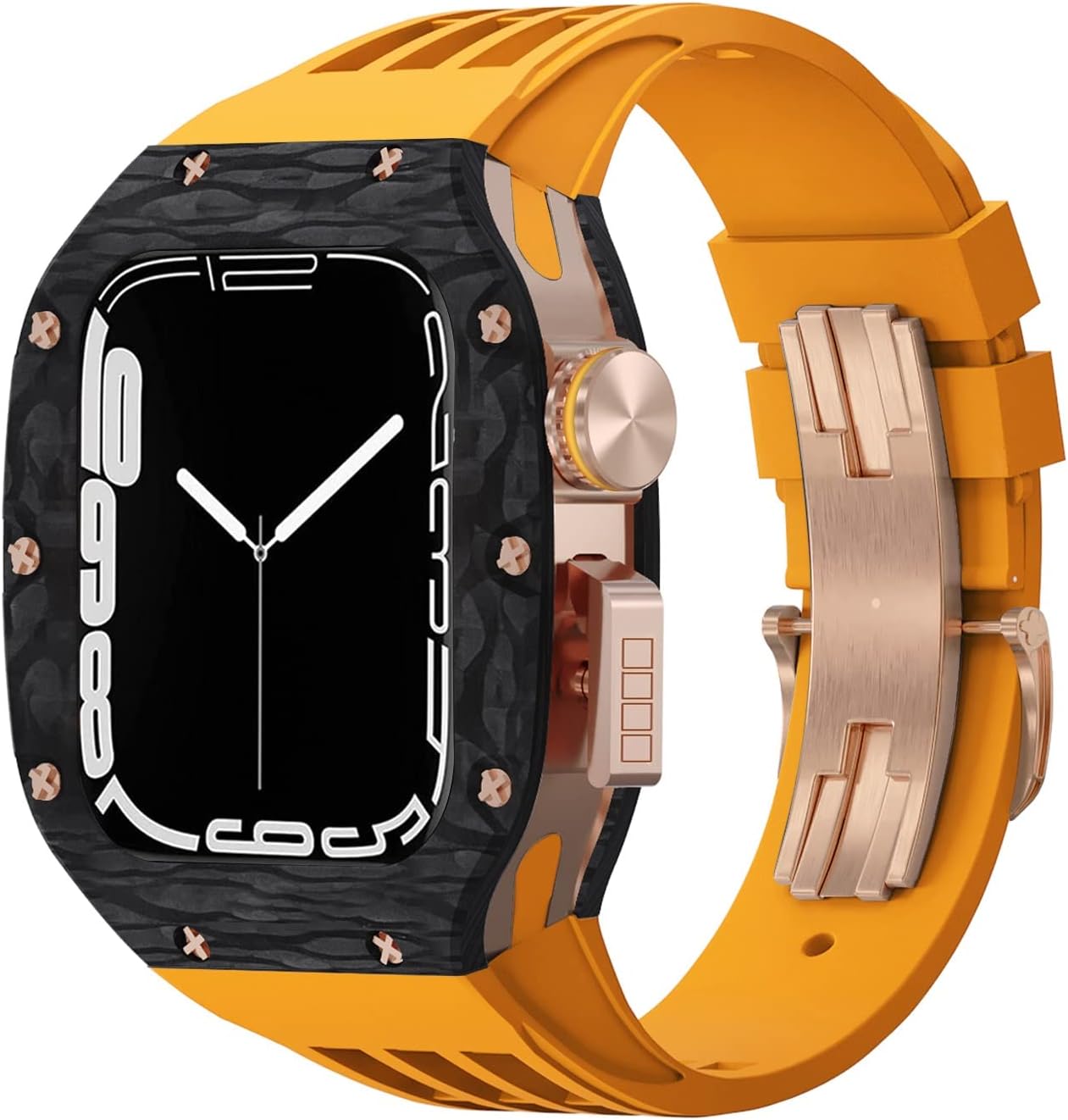 BIK Carbon Fiber Watch Case+Watch Starp Mod Kit，For Apple Watch 8 7 6 5 4 SE 44mm 45mm，Luxury Modification Refit Kit Fluorine Band Case