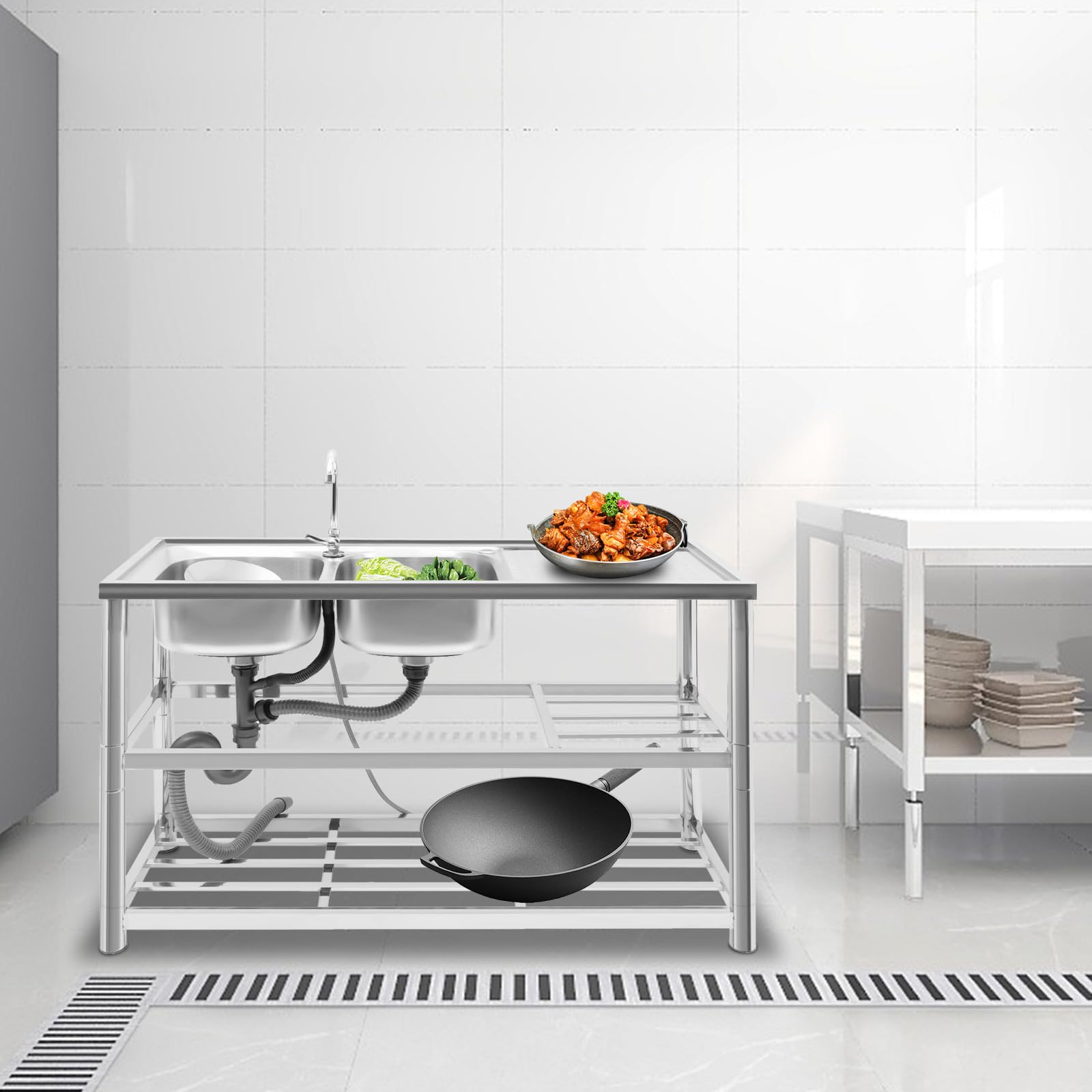 INPAITOO Commercial Freestanding Sink, Stainless Steel Sink with 2 Compartments Stainless Steel Restaurant Kitchen Flume, Utility Washing Hand Basin with Faucet for Outdoor, Restaurant,