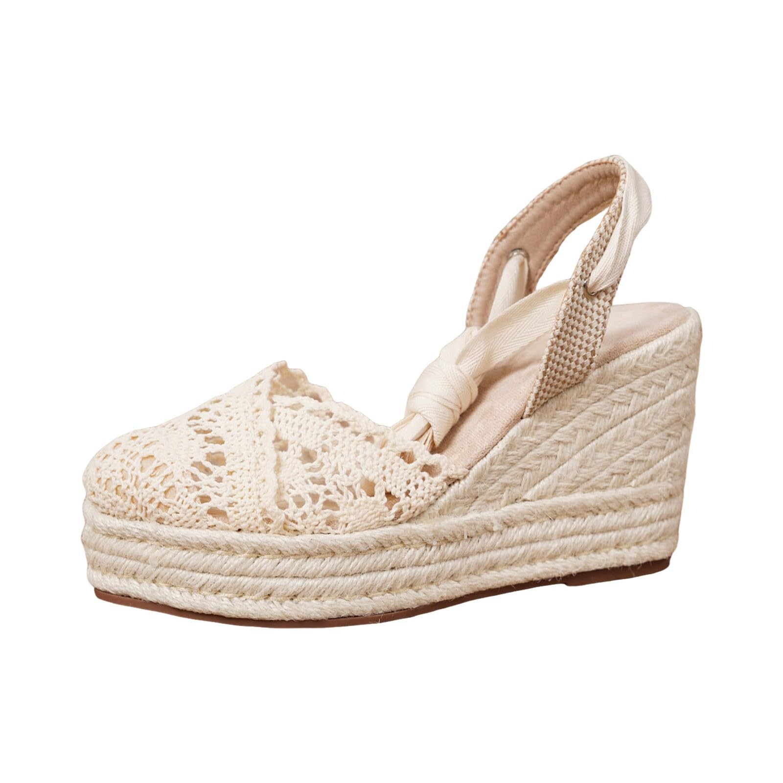 Generisch Espadrilles pour femme - Sandales à lanières - Style bohème - En tricot - Sandales compensées - Aérées - Sangle enroulée - Lacets élégants - Chaussures de mariée - Talons hauts souples pour