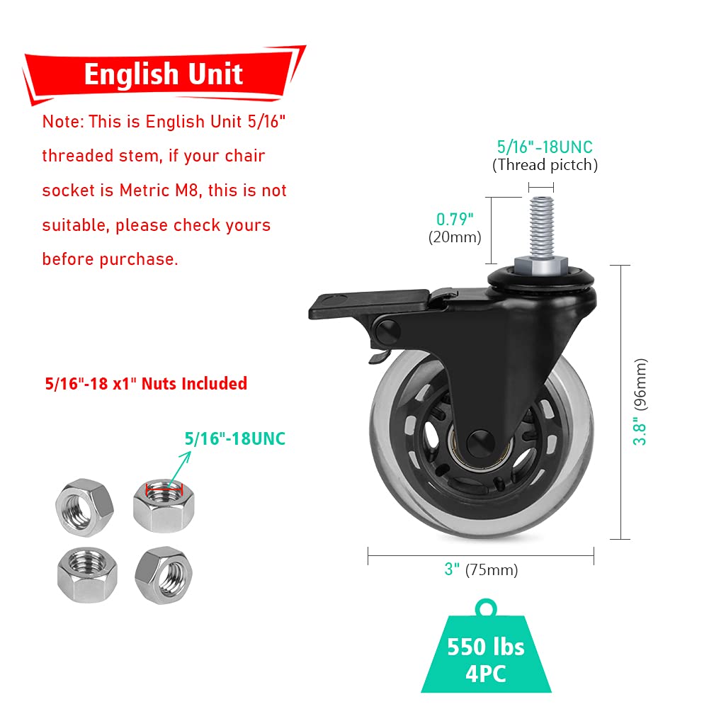 Hirate 3" Swivel Caster 5/16"-18UNC Threaded Stem with Brake Set of 4 Lockable Casters for Furniture Industrial Trolley Carts(Include Hex Nuts)