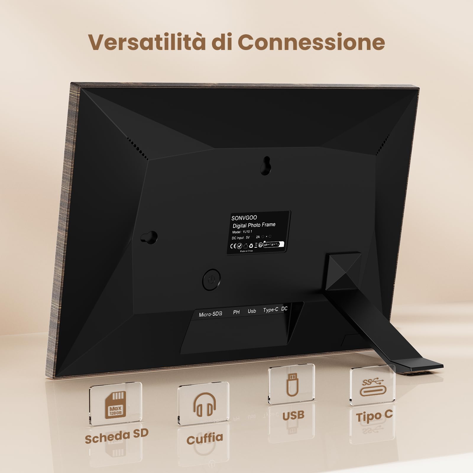 Marco de Fotos Digital WiFi 10.1 Pulgadas SONVGOO, Pantalla táctil IPS HD de 1280×800 con 32 GB, Sensor de Movimiento, Montaje en Pared, Comparte Videos y Fotos con La Aplicación FRAMEO, Marrón Madera