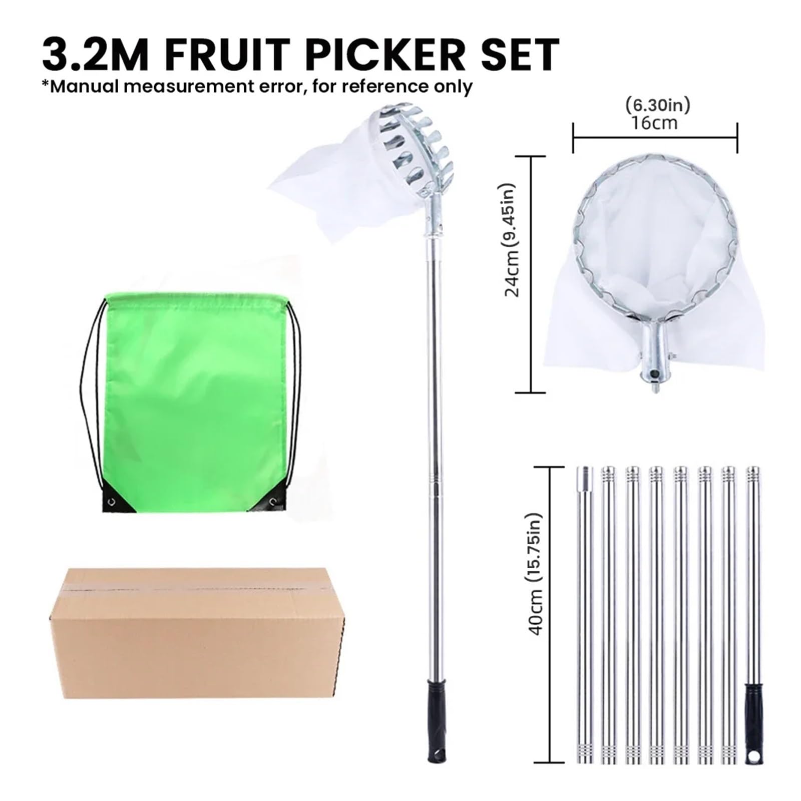 Cueille Fruit Telescopique Cueille-Fruits en Acier Inoxydable de 1,6 à 4 m, Outil de cueillette en Hauteur for verger et Jardin, avec Sac de ramassage. Fournitures agricoles.(3.2M)
