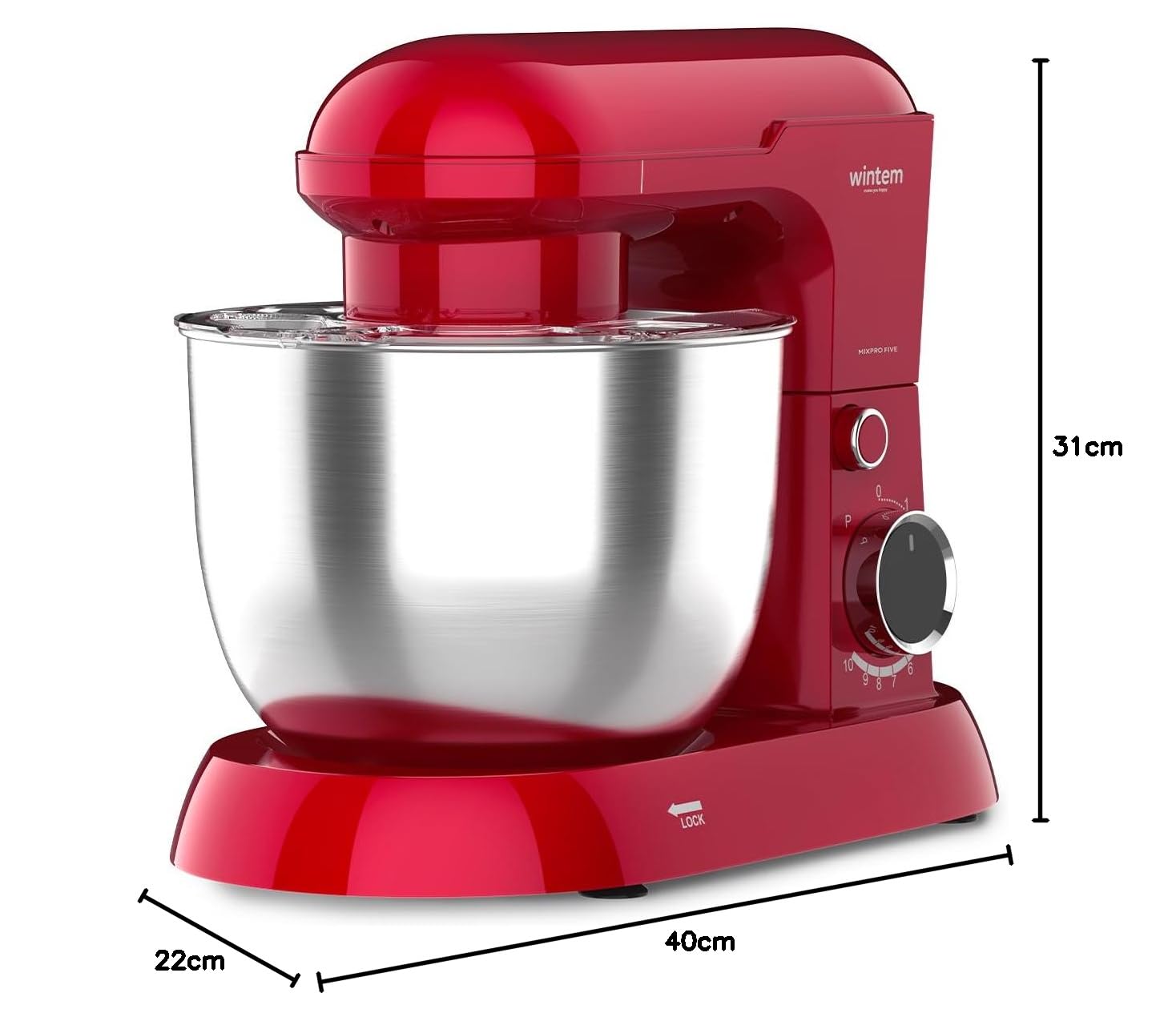 Avilia Impastatrice Planetaria Ciotola in Acciaio 5L Rosso - 15000W e 10 Velocità - Silenziosa e Classe di Protezione II - Include Gancio a Uncino per Impasti, Battitore e Frusta
