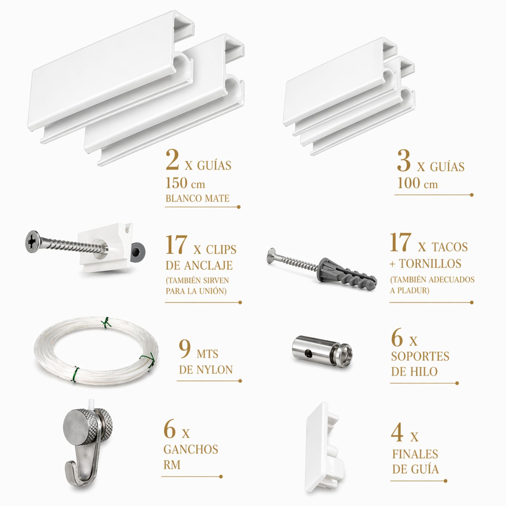 Colgar Cuadros 6 Metros | Guia Blanca | Aluminio Resistente | Incluye 6 Colgadores Nylon y 6 Ganchos RM | Sistema Modular para Hogar Oficina Galería