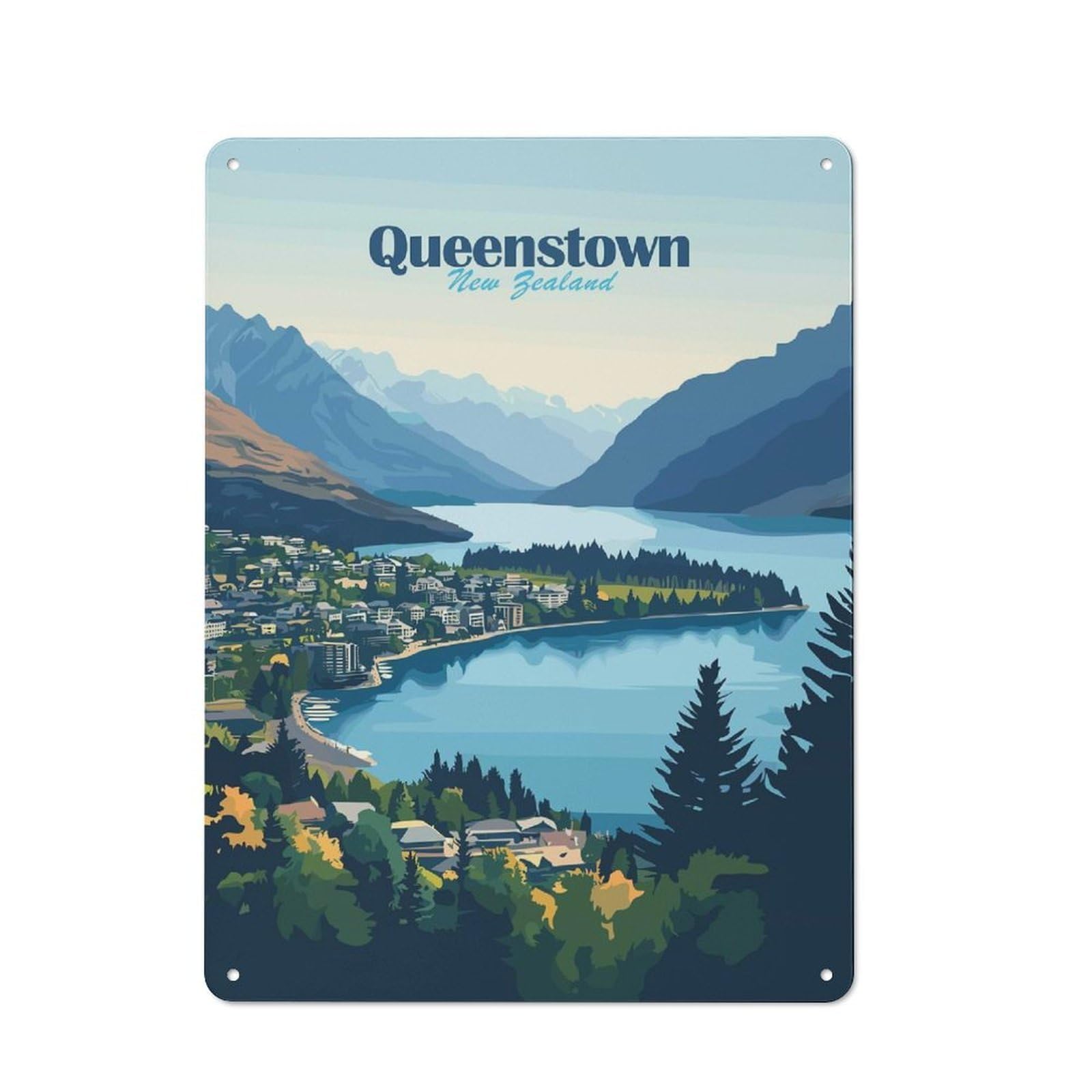 Junmoney Style-2 Modern Retro Decorative Metal Plaque 40X30cm Featuring Queenstown, New Zealand Landscape, Loft Wall Plaque For Flat, Bar, Studio Or Gallery Wall