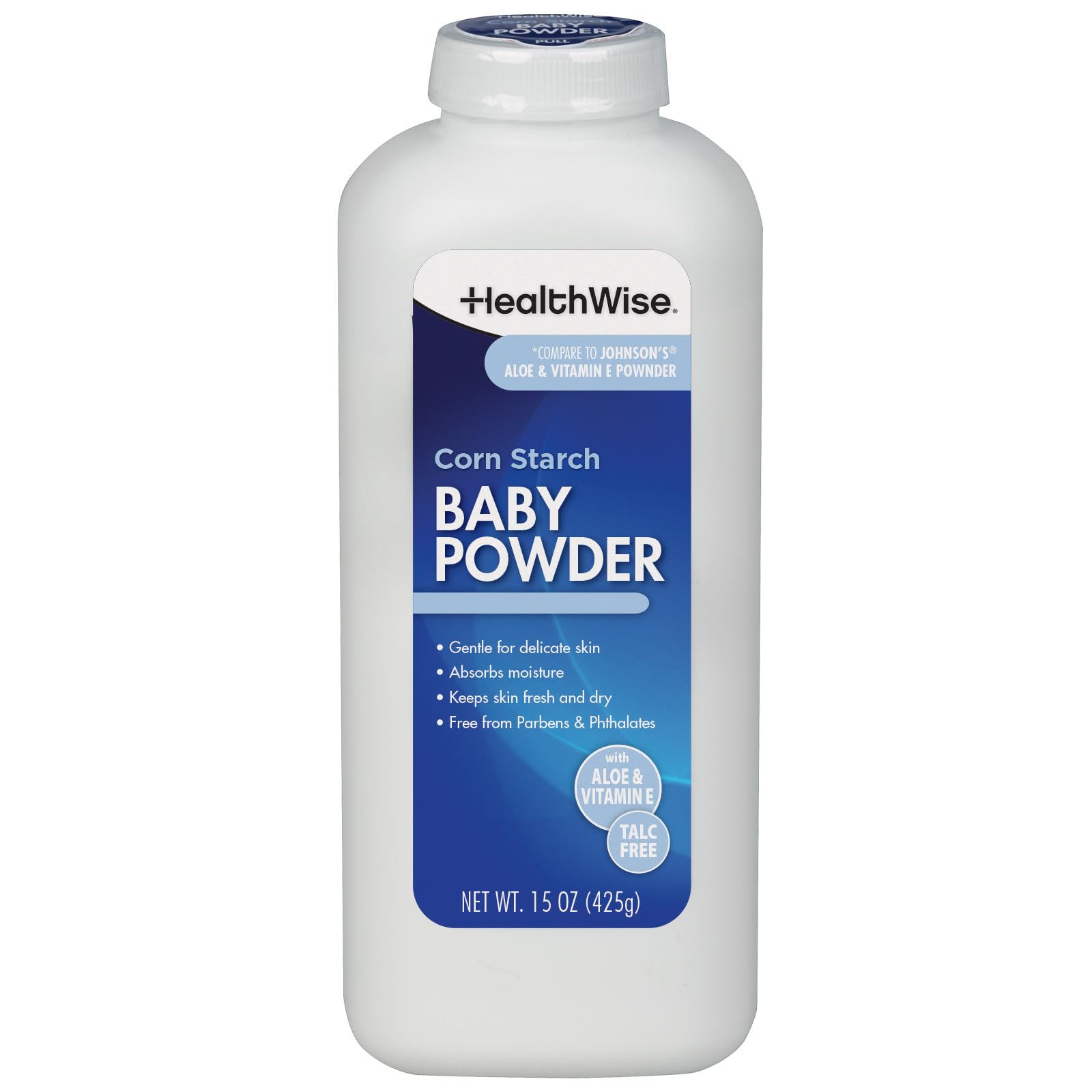 HealthWise Corn Starch Baby Powder | Aloe + Vitamin E | Talc Free | Paraben & Phthalate Free | Absorbs Moisture | 15 oz (425g)