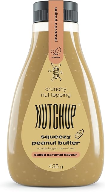 NUTCHUP | Pierwsze wyciskane masło orzechowe nabite w butelkę | Kremowa polewa orzekowa | Butelka 435g (Kawałki Orzechów Słony Karmel)