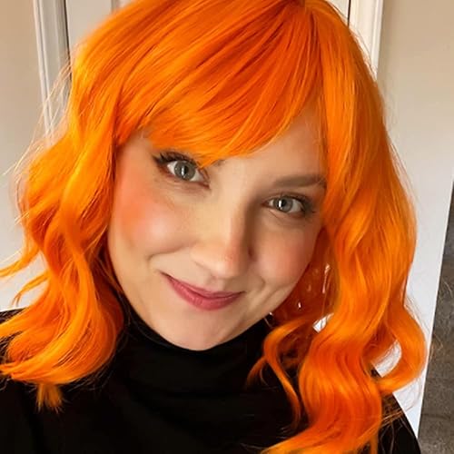 Miniatura 3 de Pelucas cortas onduladas con flequillo, pelucas sintéticas coloridas rizadas, longitud media de hombro, naranja, mezcla de 14 pulgadas de naranja