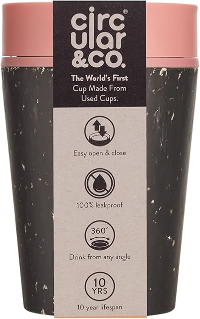 Circular and Co Leakproof Reusable Coffee Cup 8oz/227ml - The World's First Travel Mug Made from Recycled Coffee Cups, Sustainable & Insulated. (Black & Giggle Pink)