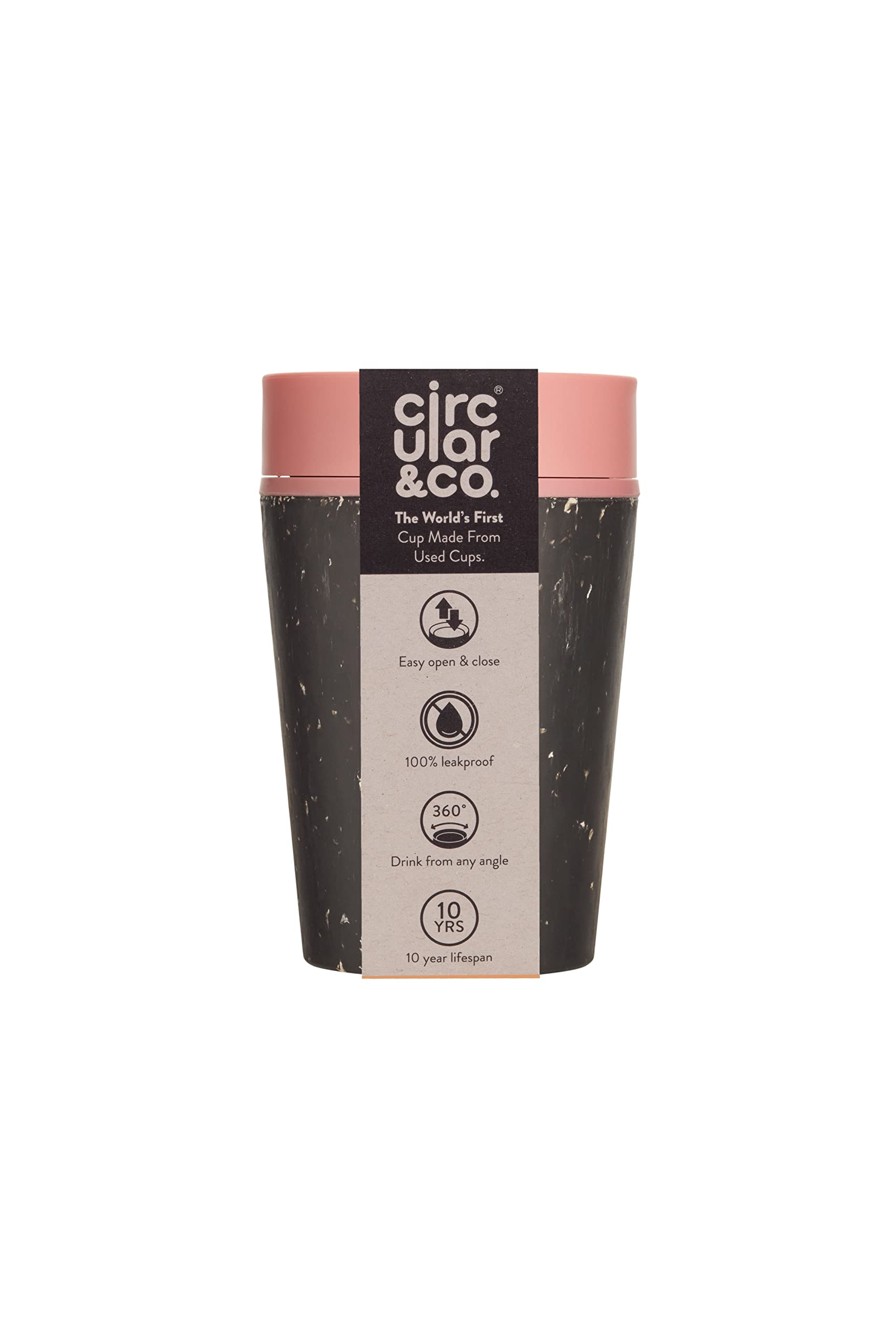 Circular and Co Leakproof Reusable Coffee Cup 8oz/227ml - The World's First Travel Mug Made from Recycled Coffee Cups, Sustainable & Insulated. (Black & Giggle Pink)
