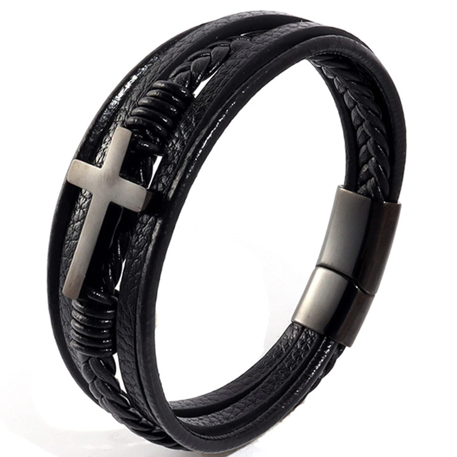 Stainless Steel Braided Leather Bracelet for Men Cuff Bangle Cross Magnetic Clasp