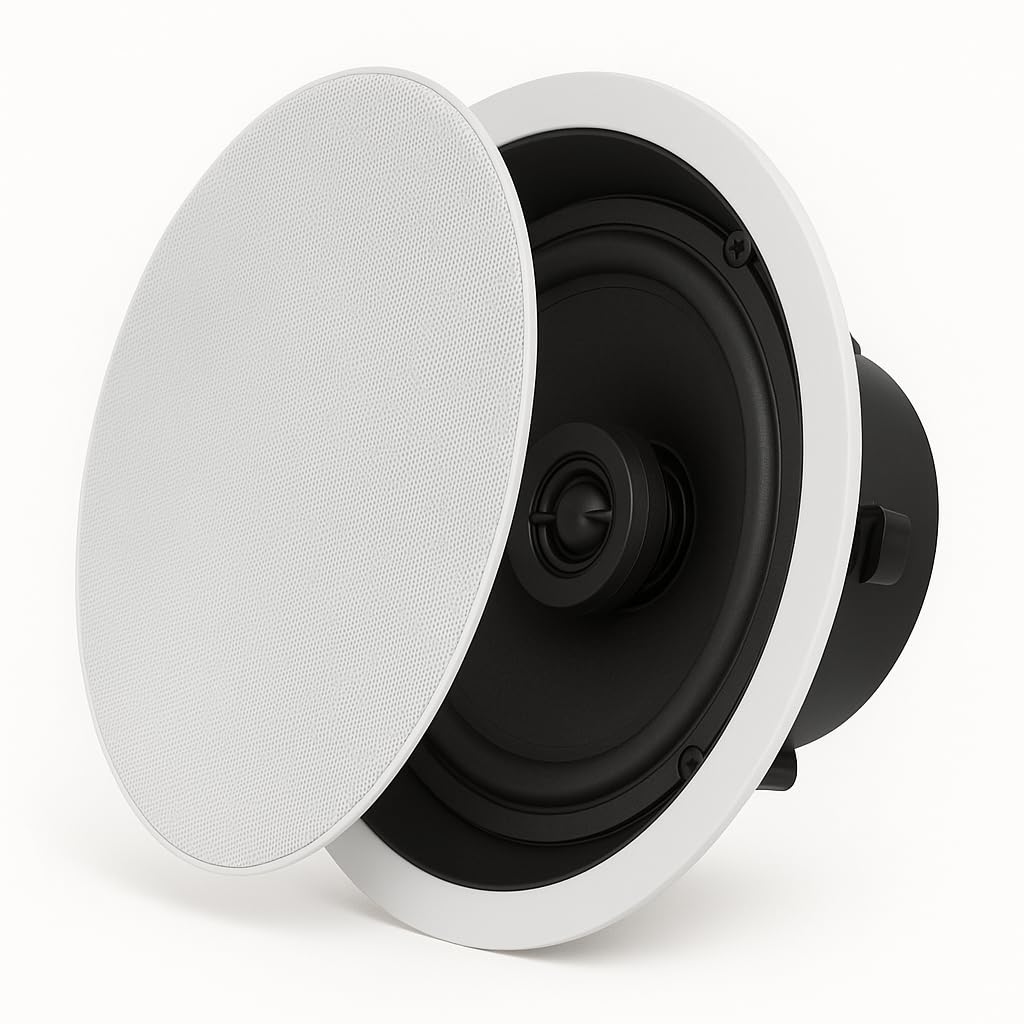 RO&CO System One IC-620 – Pareja de Altavoces Empotrables 6,5″ 2 Vías 8 Ohm 100W, Pasivos con Cable, Requieren Amplificador Externo, No Bluetooth, Blancos para Techo o Pared.