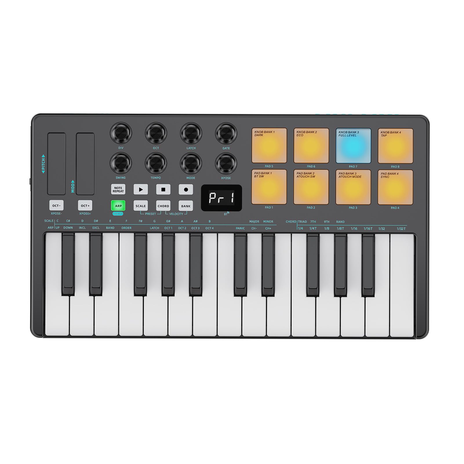 POENVFPO Tastiera Controller MIDI a 25 Tasti, Pad MIDI BT con Tasti Sensibili Alla velocità, Arpeggiatore, Funzione Accordi, Batteria Ricaricabile, Ricevitori Wireless, per Produzione DAW (BLACK)