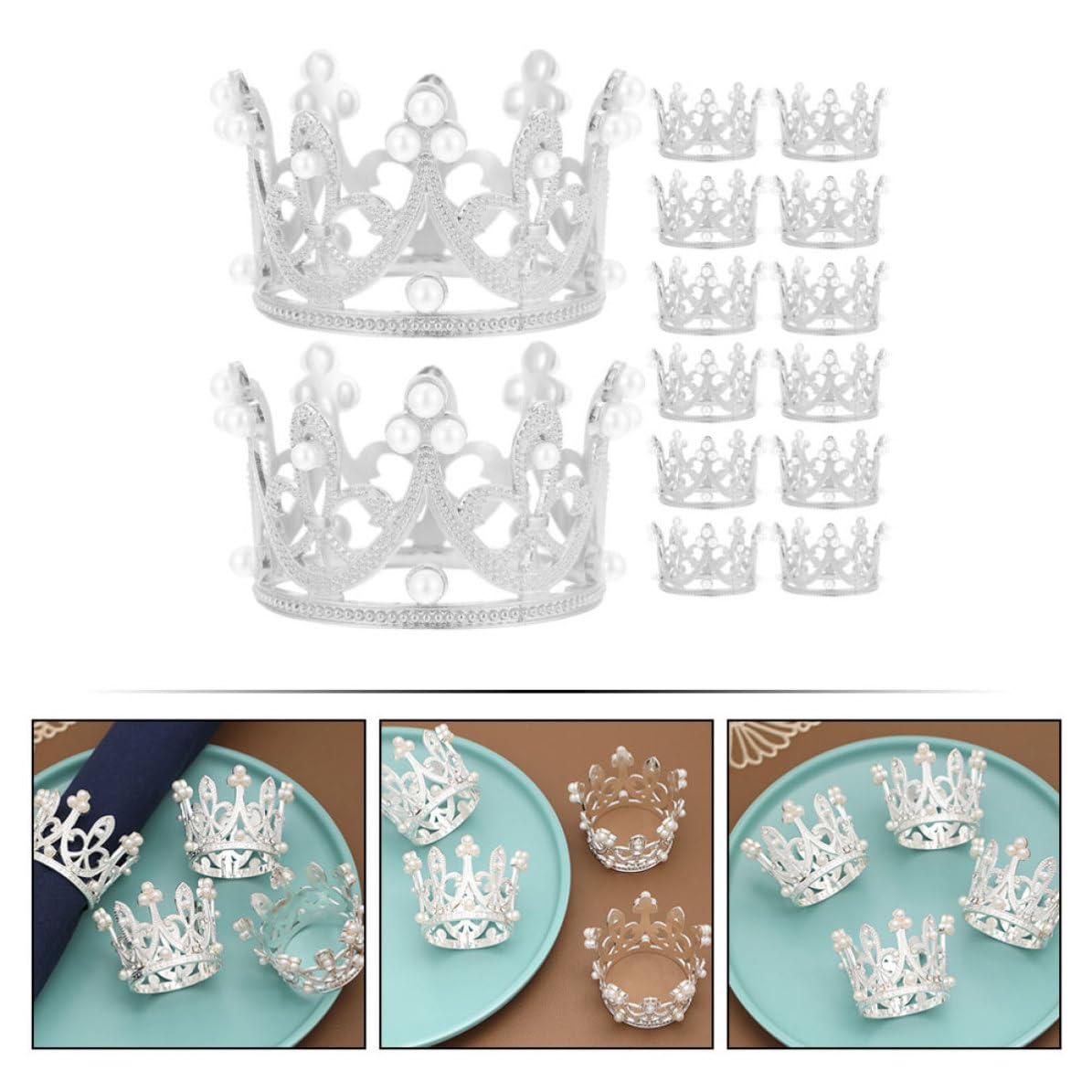 12 Pezzi Anello Portatovagliolo Corona Perle e Strass | Argento, Decorazione per Tavola e Posate, per Eventi Formali e Pranzi, Stile Delicato