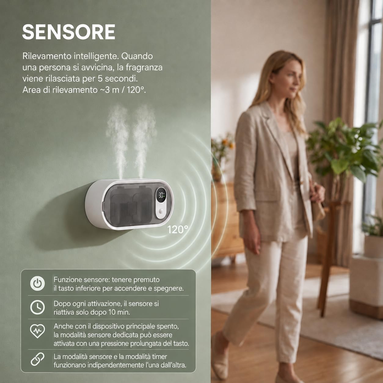 Diffusore di Oli Essenziali 100ml con Ugelli Doppi, Sensore di Movimento, Timer da Tavolo o Parete