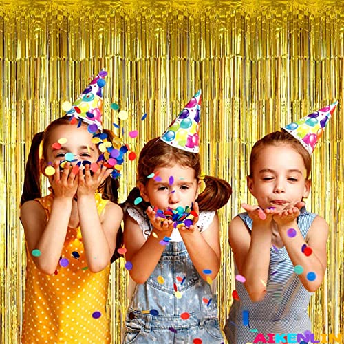 Image of 4 Pack 3.2Ft x 8.2Ft Gold Foil Fringe Curtain Backdrop, Metallic Tinsel Foil Fringe Streamers Curtains Background for Photo Booth, Birthday, Wedding, Halloween, Christmas Party Decoration