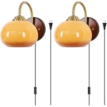 KCO Lighting Plug in Wall Sconces Set of 2 Vintage Gold Wall Sconce Glass Globe Bedroom Wall Sconces Set of Two Plug in Mid Century Modern Bathroom Wall Light