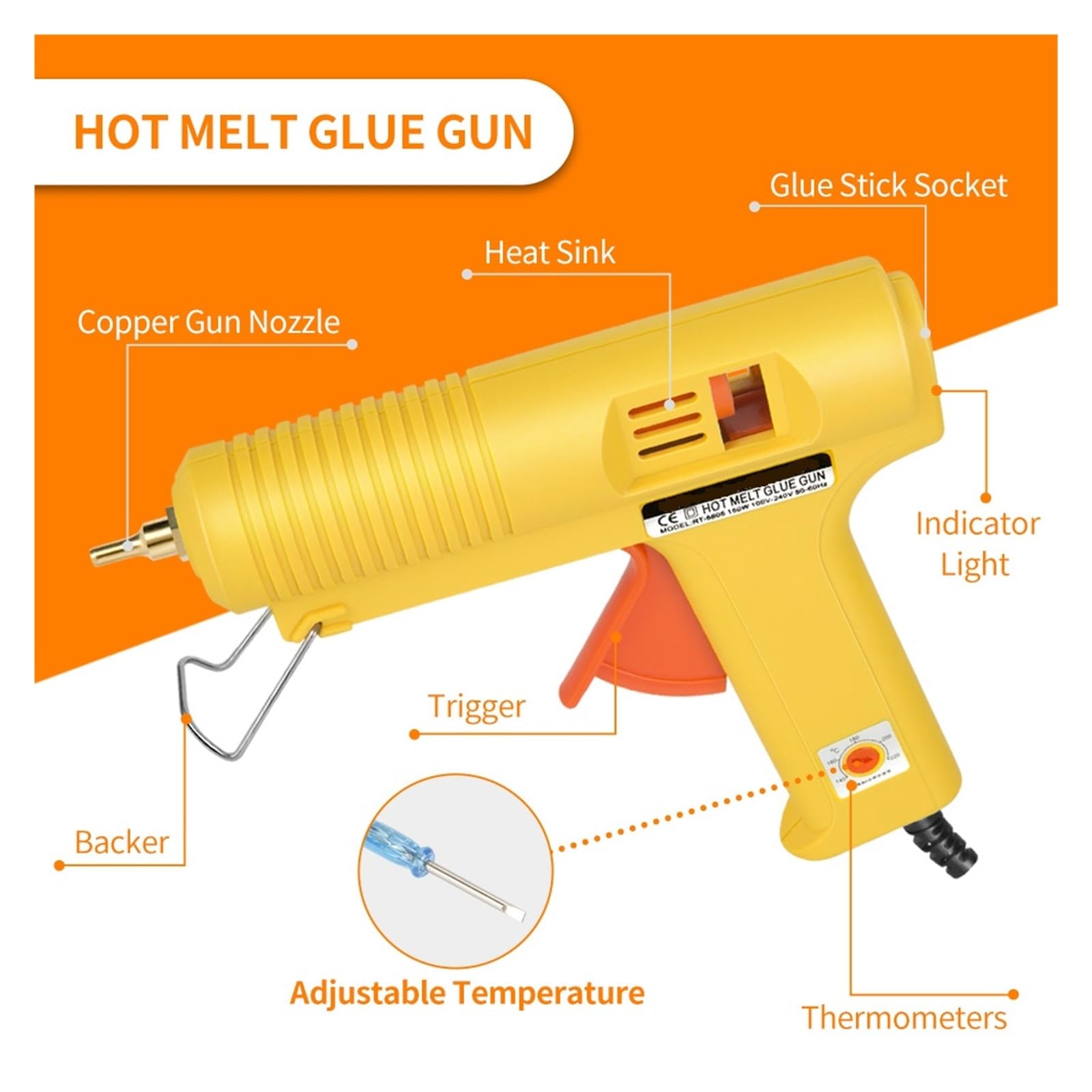 Pistolet Do Klejenia Na Gorąco O Mocy 150 W Z 10 Szt. 11 Mm * 200 Mm Białych Sztyftów Inteligentna Regulacja Temperatury 5 Szt. Dyszy Miedzianej Szerokie Zastosowanie
