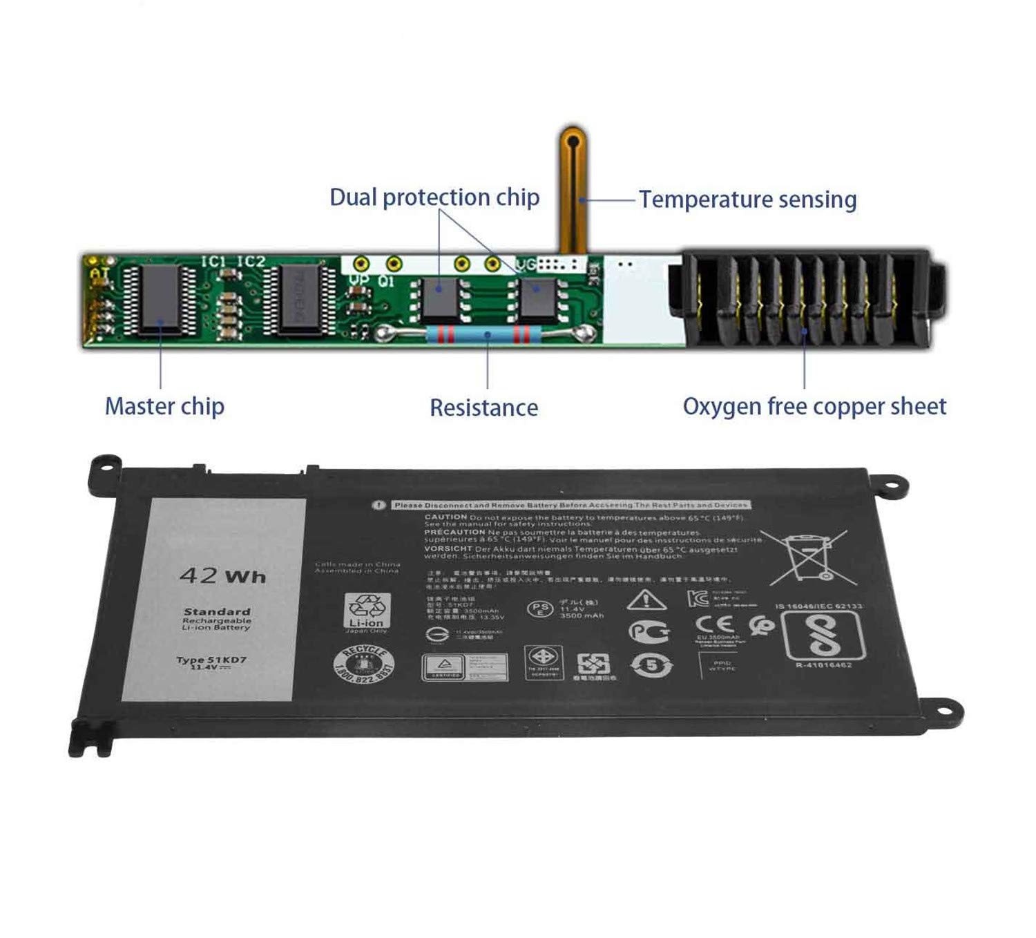 Vervangingslaptopbatterij 51KD7 P28T001 Y07HK FY8XM Voor Dell Chromebook 11 3100 3180 Serie - 11.4V 42Wh