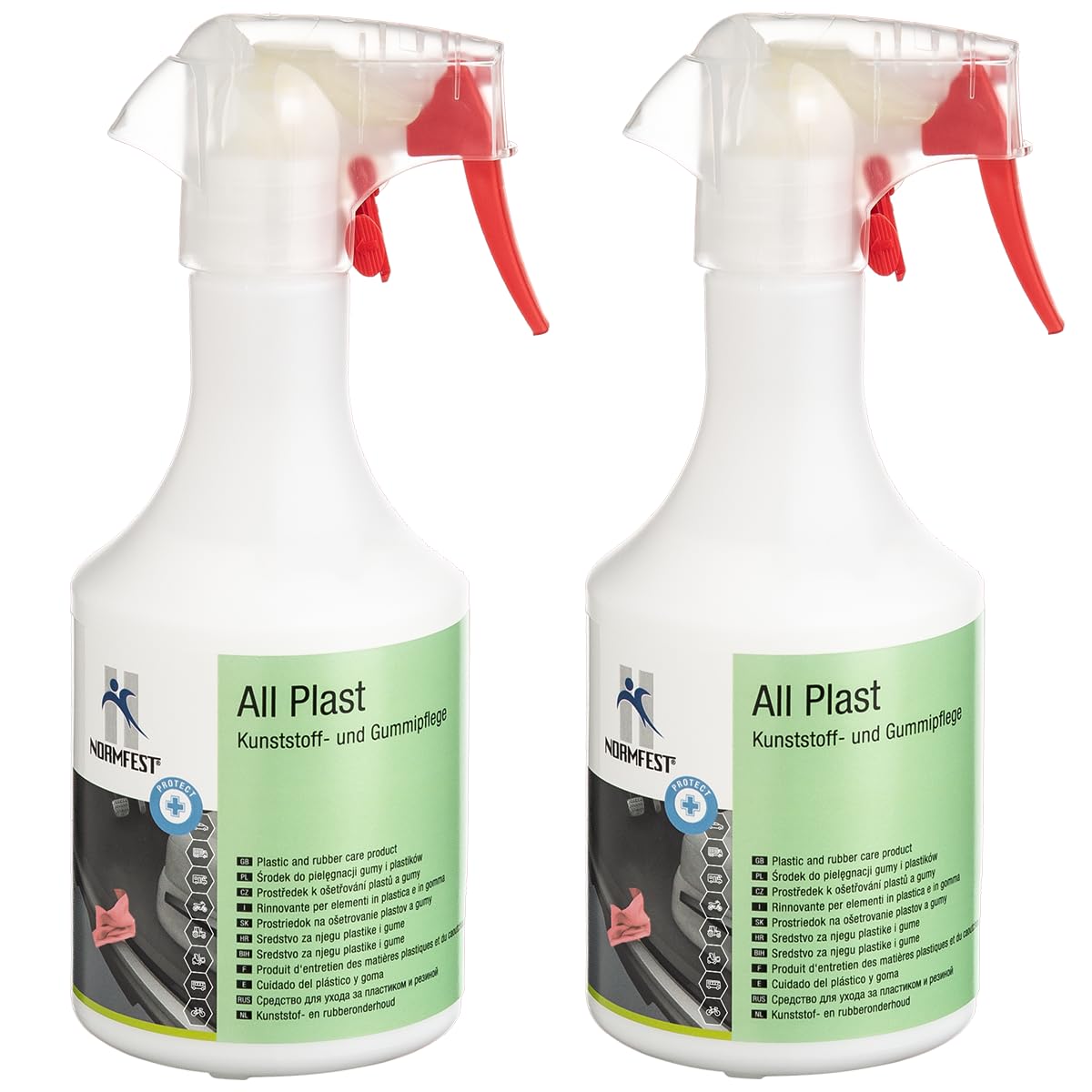 Normfest All Plast – Kunststoff- und Gummipflege für Innen- und Außenbereiche, tiefschwarzes Finish, pflegt Reifen, Dichtungen und Motorraumteile – 2x 500ml