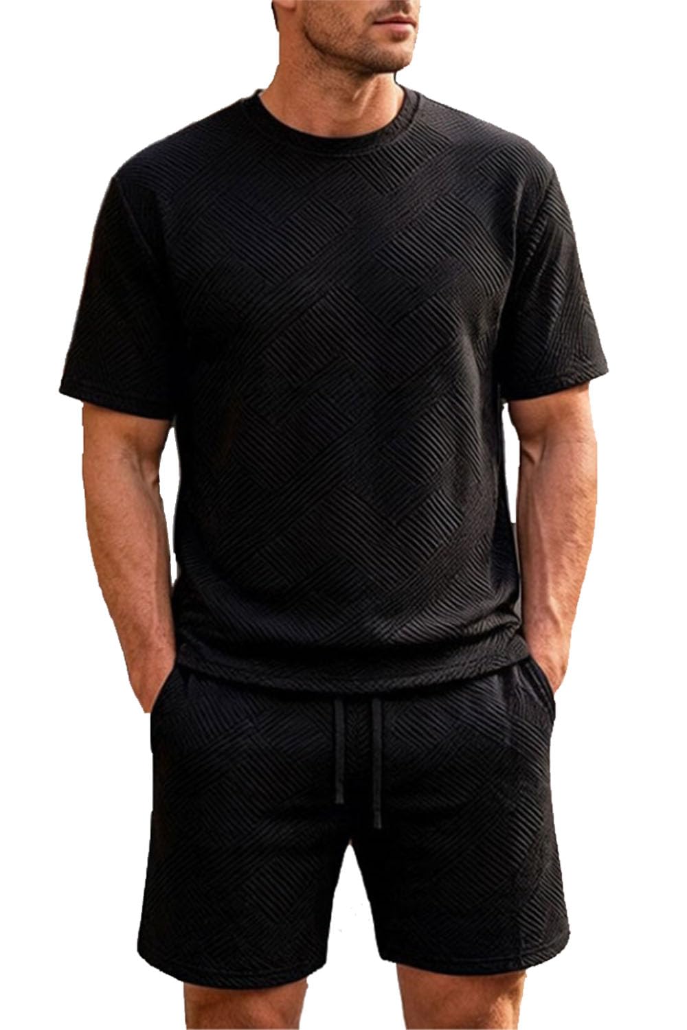Survêtement Homme 2 Pièces Jacquard T-Shirt Manches Courtes Short Ensemble Ete
