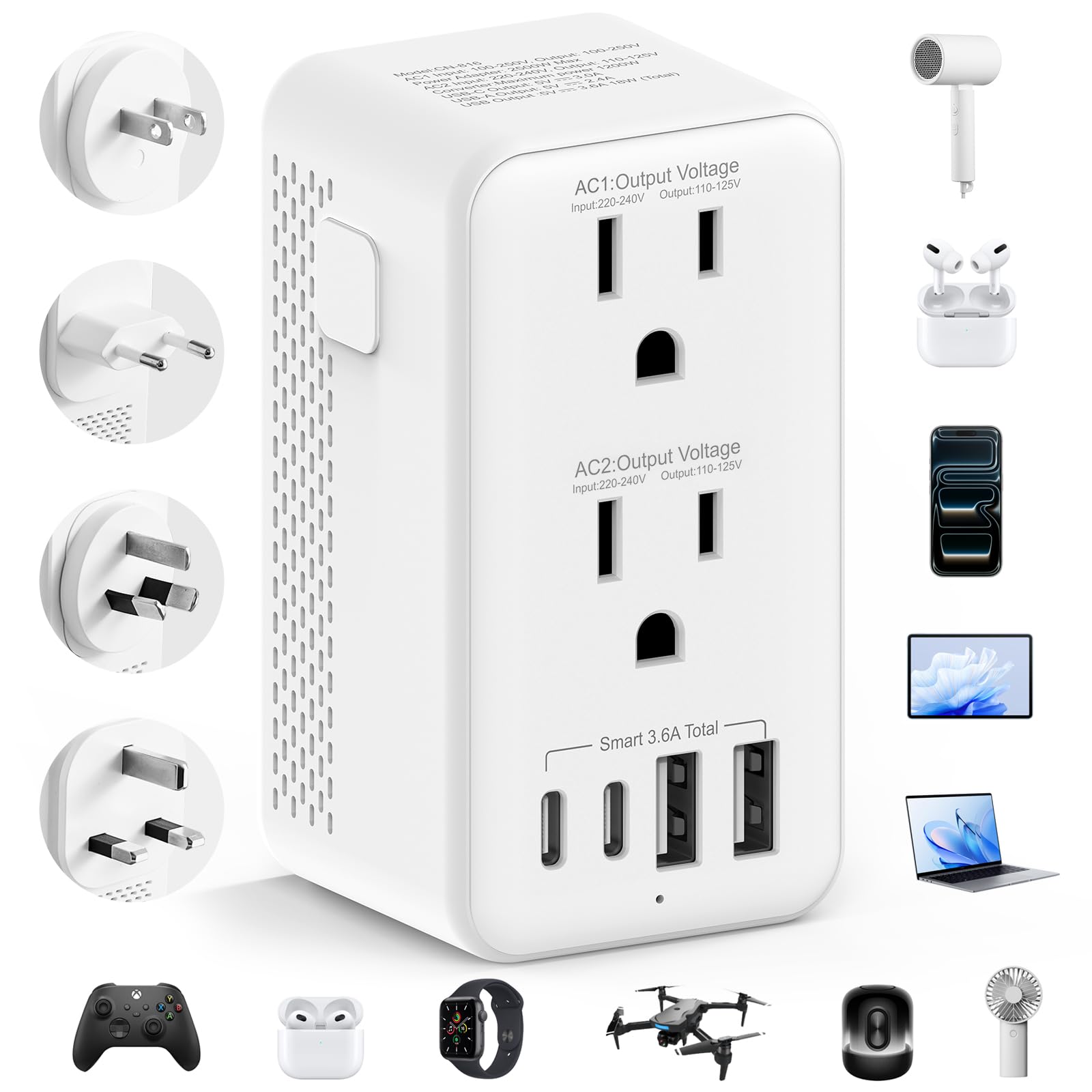 Powfloven 220V to 110V Voltage Converter US to Europe, 1200W Power Converter Adapter Combo with 2 USB-A 2 USB-C Port & UK/AU/US/IT/European/Asia, Travel Outlet Plug Adapters for Hair Dryer-image-40