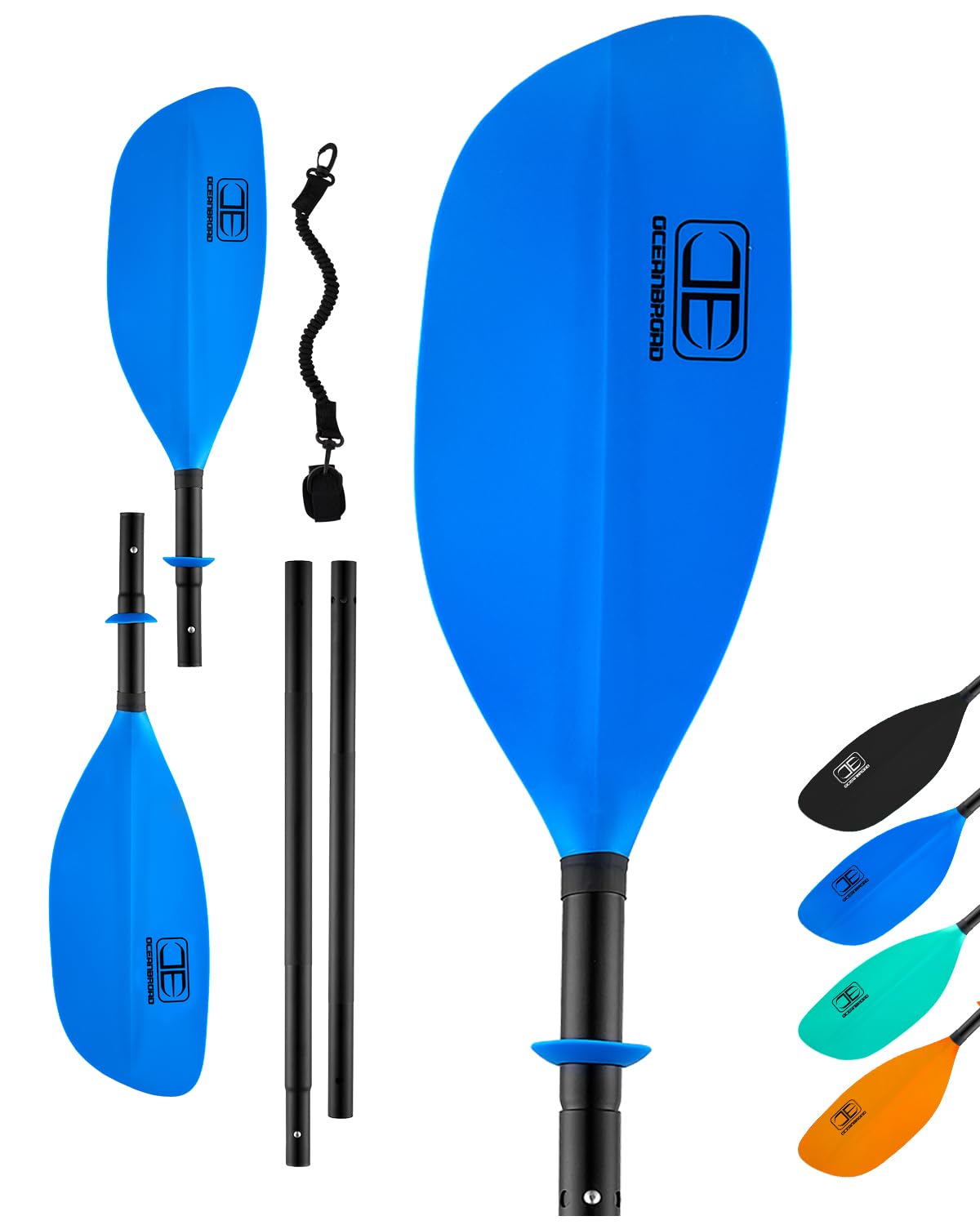 OCEANBROAD 4 Pieces Kayak Paddle 90.5in/230cm Alloy Shaft Floatable Kayak Oar for Kayaking Canoeing Boating, 1 Paddle, Blue