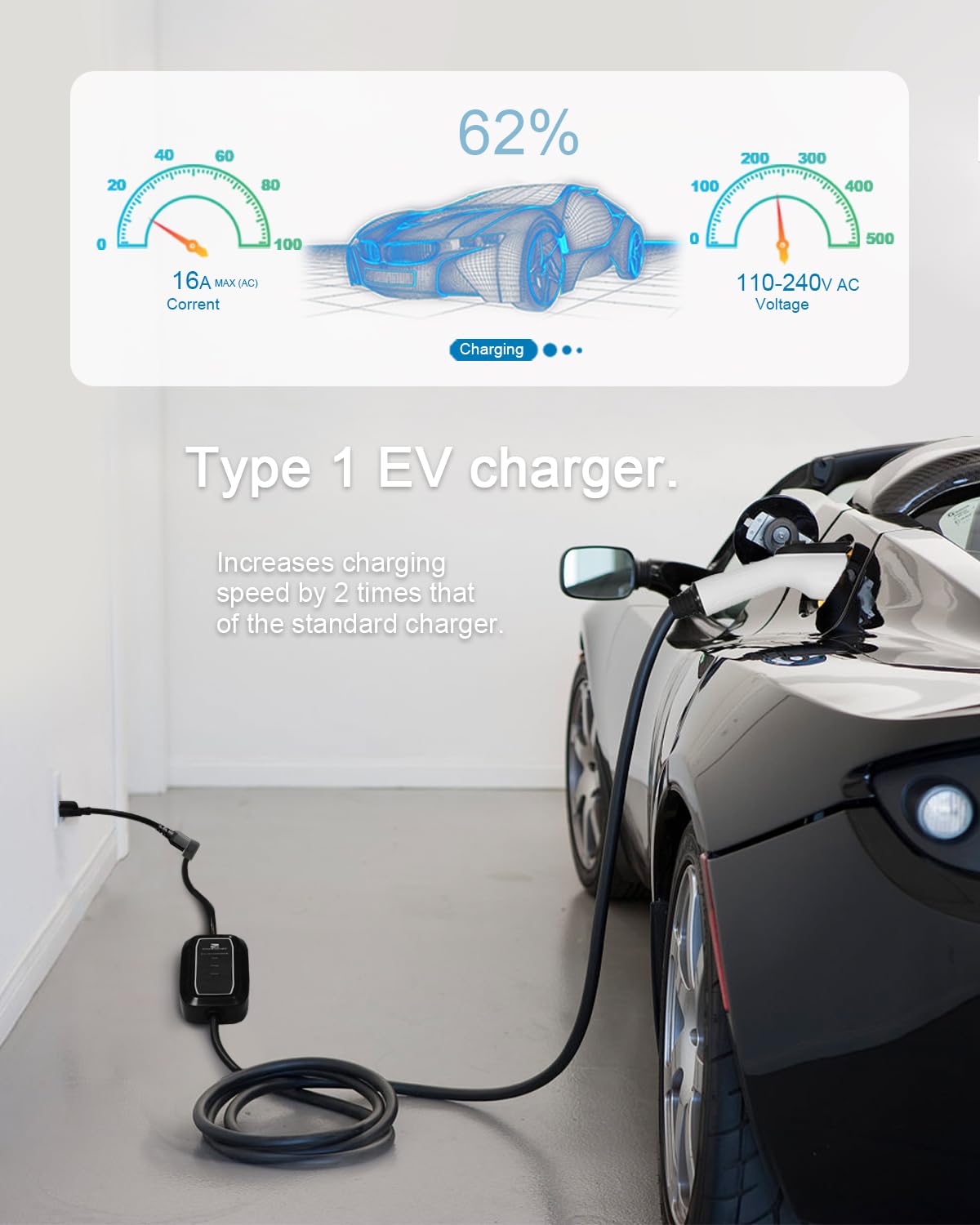 Level 2 & Level 1 EV Charger, 16Amp 110-240V 25ft Cable J1772 Electric Car Charger With NEMA 6-20 & NEMA 5-15, Plug-in EV Charging Station With Adjustable Amp Delayed Timer 25ft