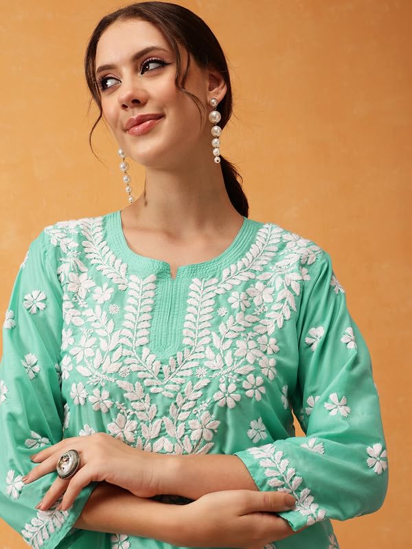 Image of Ada Hand Embroidered Lucknowi Chikankari Muslin Top for Women A911420 | Lucknowi Short Kurta Kurti Tunic Casual Wear Ethnic Wear Chikan Work Straight handcrafted top Kurti for Office
