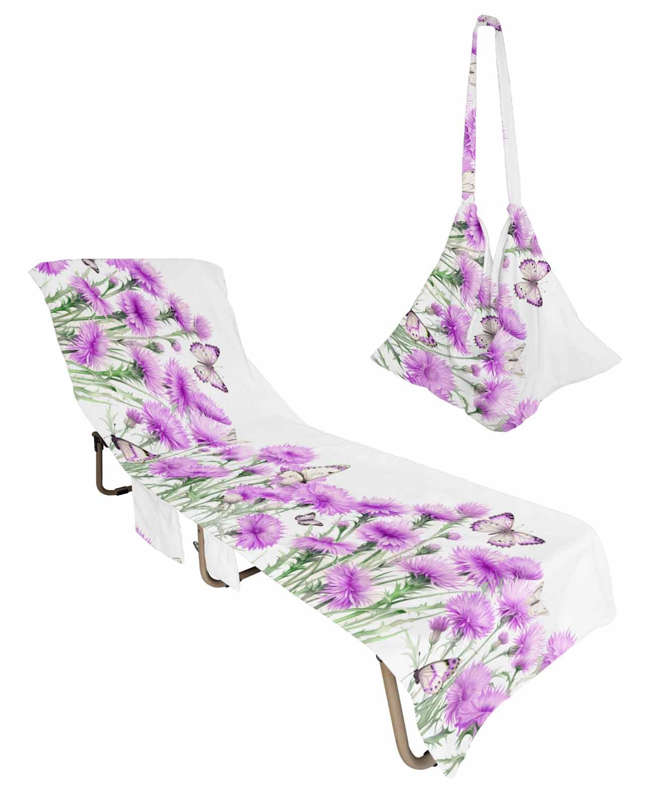 Purpel Spring Floral Beach Lounge Chair Towel Cover, Soft Chaise Lounge Towel with Side Pockets Patio Pool Chairs Cover for Beach/Pool Sunbathing 29x85 Watercolor Summer Botanical Elegant