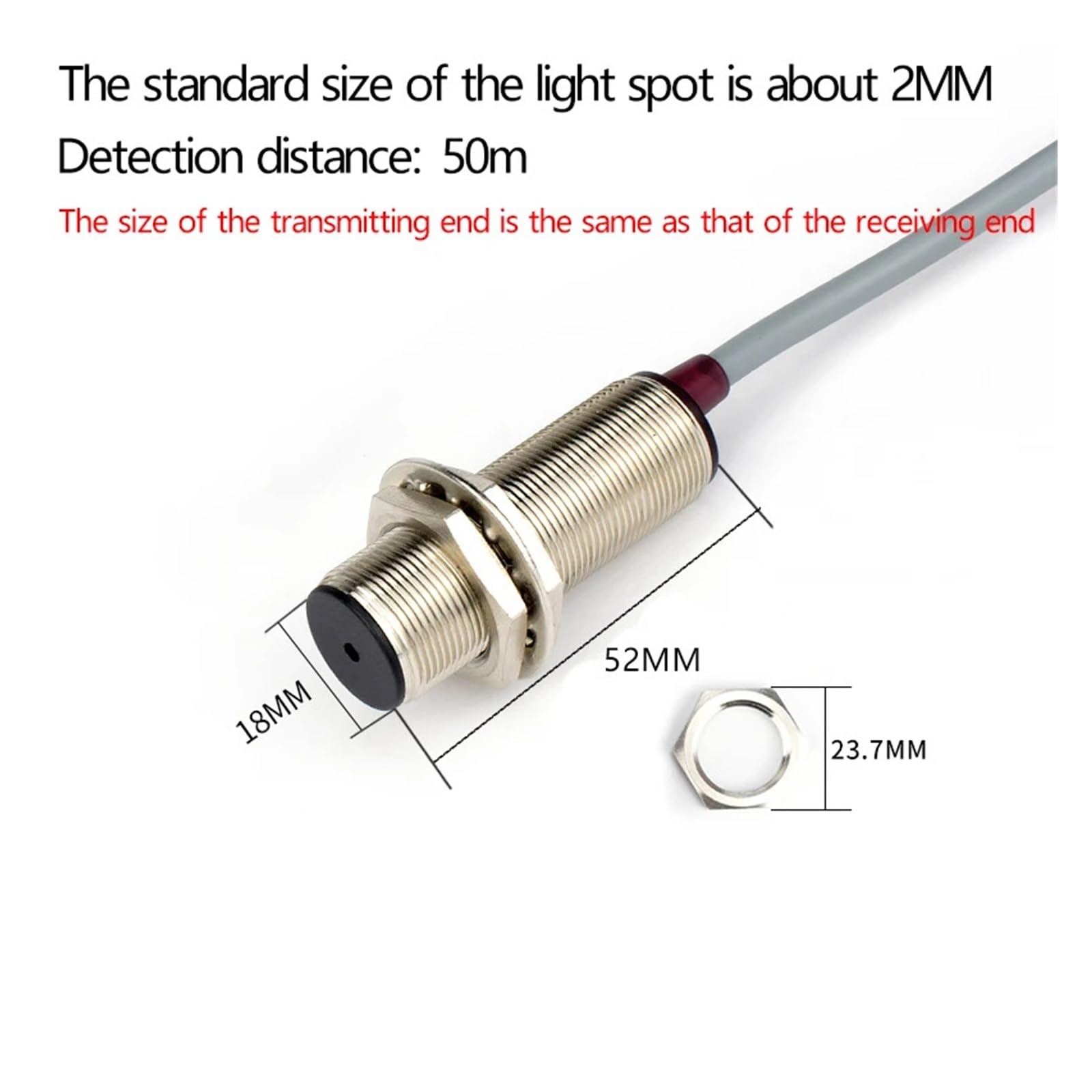 Sensor fotoeléctrico de infrarrojos Sensor de interruptor fotoeléctrico de haz cilíndrico M18, punto de inducción de luz visible infrarroja de 2mm(LM18-T50MNC)