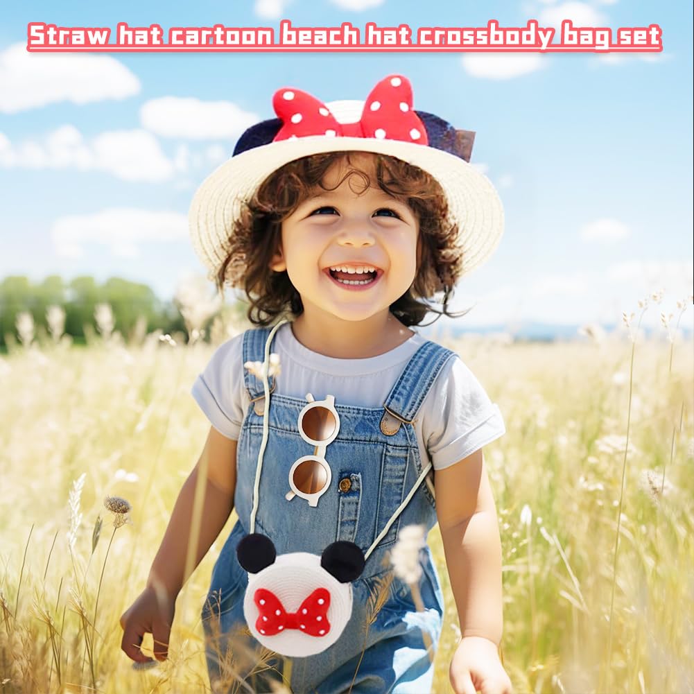 OPVXZADEnsemble Chapeau en Paille et Sac à Main pour Filles,Chapeau de Soleil Ensembleavec Design Noeud d'oreille de Rat pour 4-8 Ans Vacances Plage Voyage Randonée