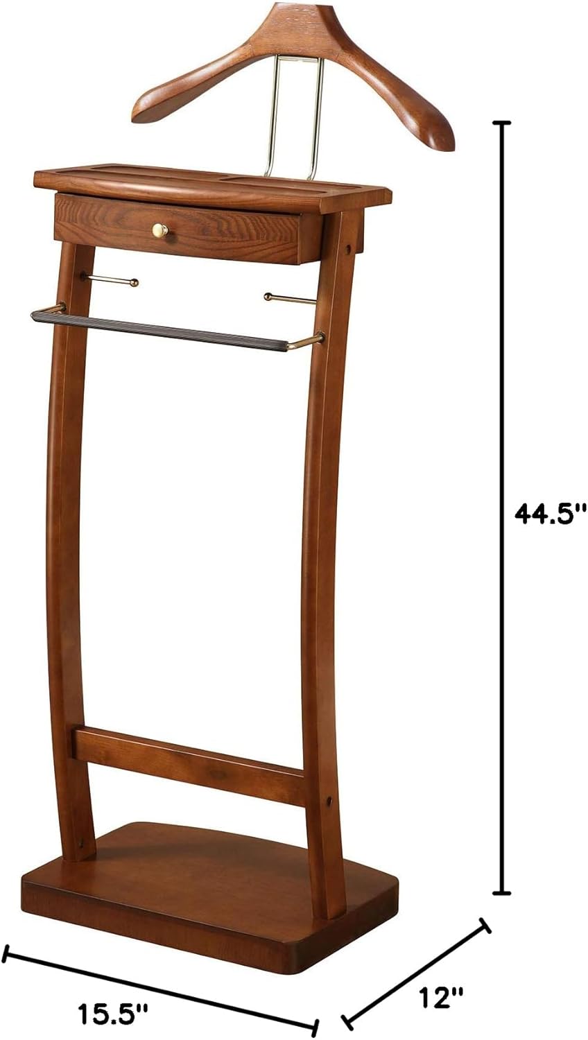 Proman Products Kingsman Suit Valet Stand VL37074 with Drawer, Top Tray, Contour Hanger, Trouser Bar, Tie & Belt Hooks and Shoe Rack, 15.5" W x 12" D x 44.5" H, Walnut