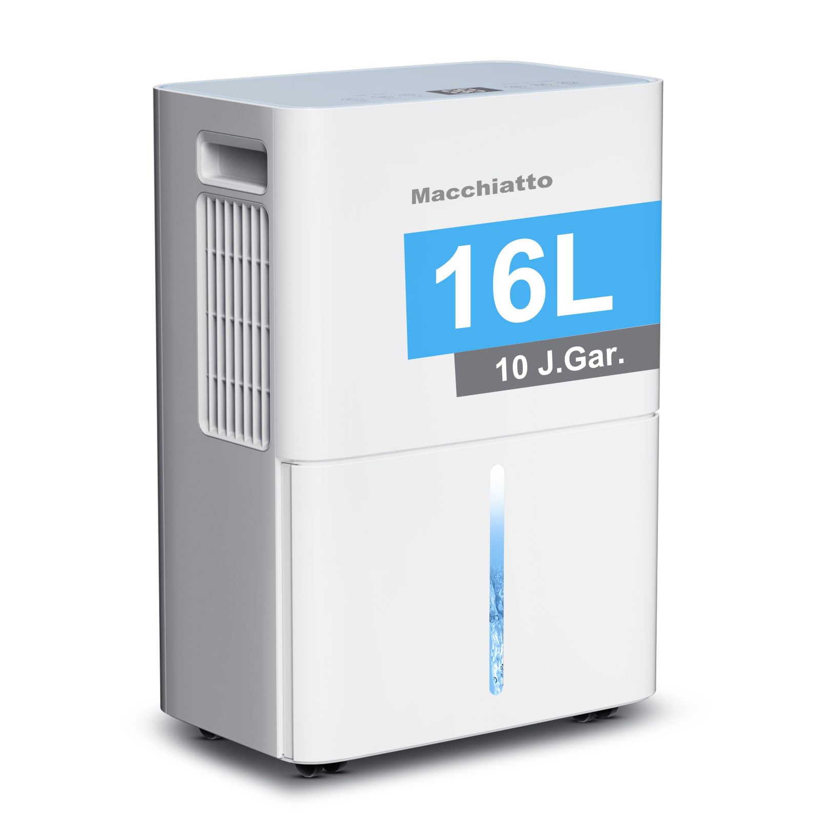 Macchiatto Elektrischer Luftentfeuchter Kompakt für bis zu 80m³(32m²) Räume Automatischer Betrieb,mit Universalrad und 1M Ablaufschlauch Ideal für Wohnung, Keller,Badezimmer