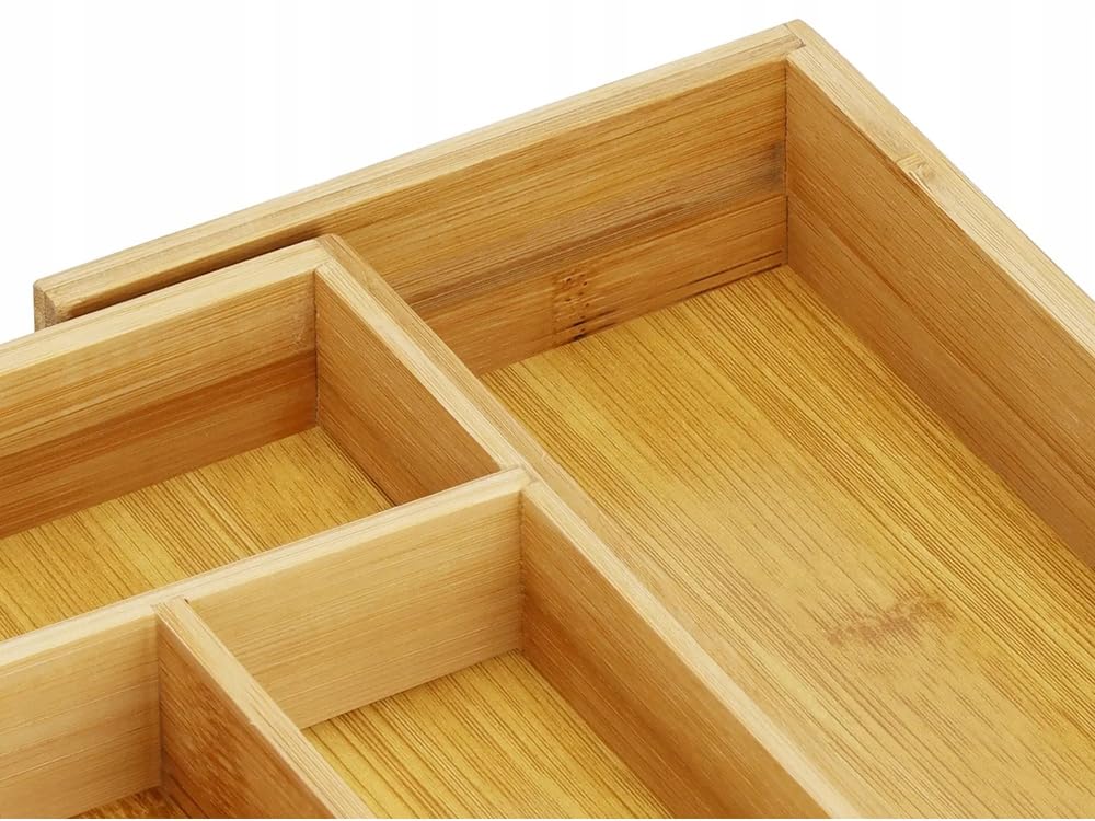 Organizer in BAMBU' Cassetti Posate, 7 Scomparti, Estensibile Fino a 39x37 Cm, Organizzatore Vassoio Cassetto Espandibile Utensili, Posate Utensili Ordine in Cucina, Coltelli Forchette Cucchiai,