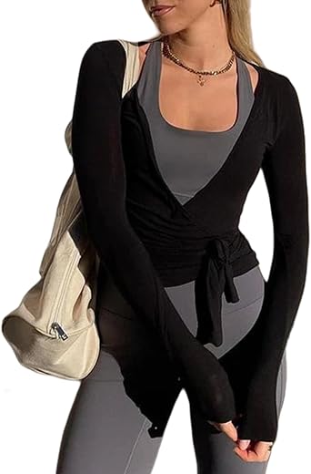 Women Y2K Long Sleeve Cross Wrap Tops Deep V Neck Slim Fit Workout Yoga Ballet Wrap Shirts Coquette Aesthetic Tie Tops